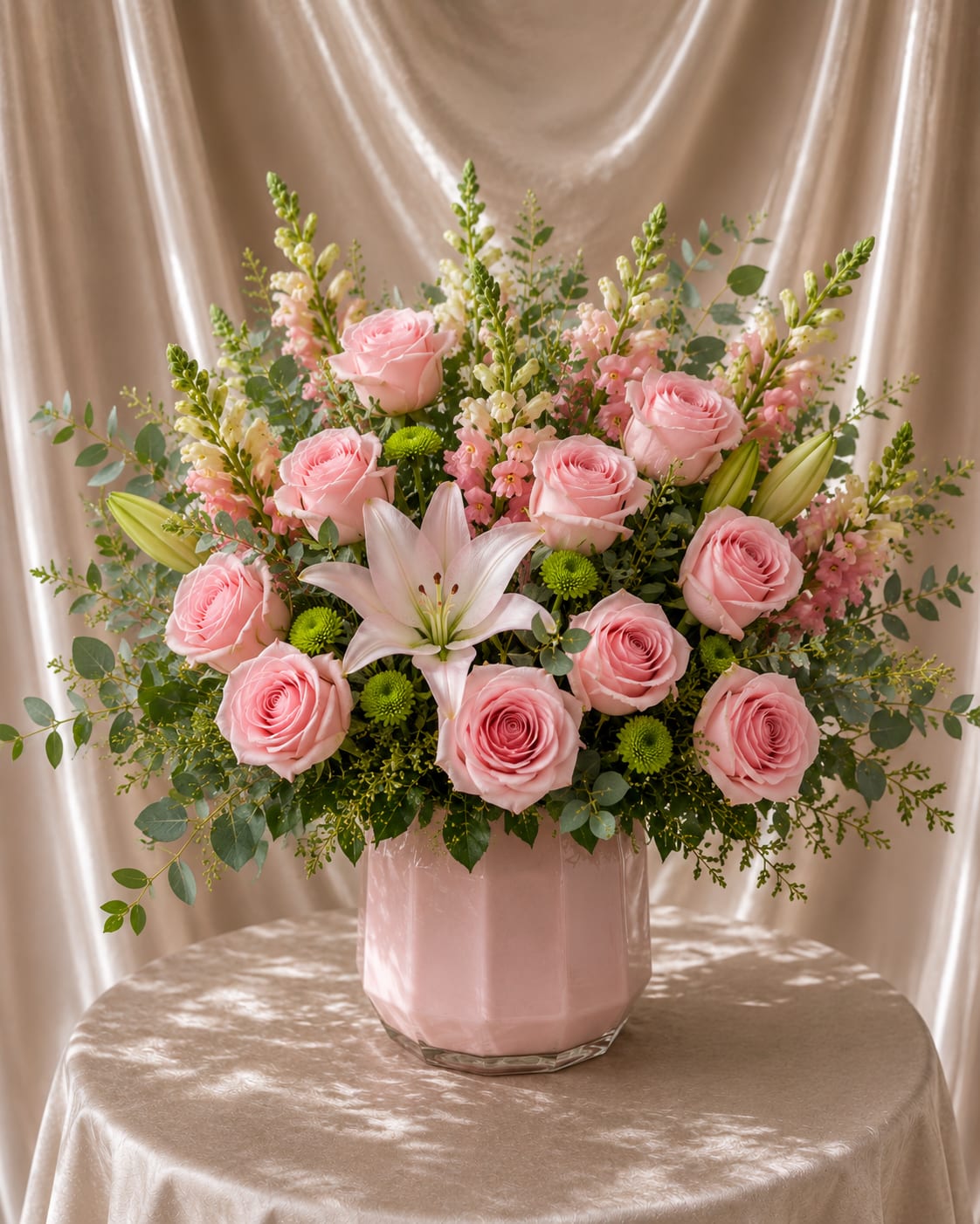 Blush Garden Elegance - Delicate and elegant floral arrangement designed in a modern blush pink geometric vase featuring 12 premium baby pink roses, a soft pink lily, delicate snapdragons, green button chrysanthemums, and fresh natural greenery including eucalyptus and textured foliage. Its lush and organic design creates a romantic, editorial, and sophisticated look perfect for gifting or styling elegant spaces.  Best for: Mother’s Day, Birthday, Thinking of You, Anniversary, Luxury Floral Gift, Elegant Home Décor  Flowers, greenery, lily tones, and vase shades may vary slightly based on seasonal and supplier availability while maintaining the overall look, style, color palette, and quality of the arrangement.