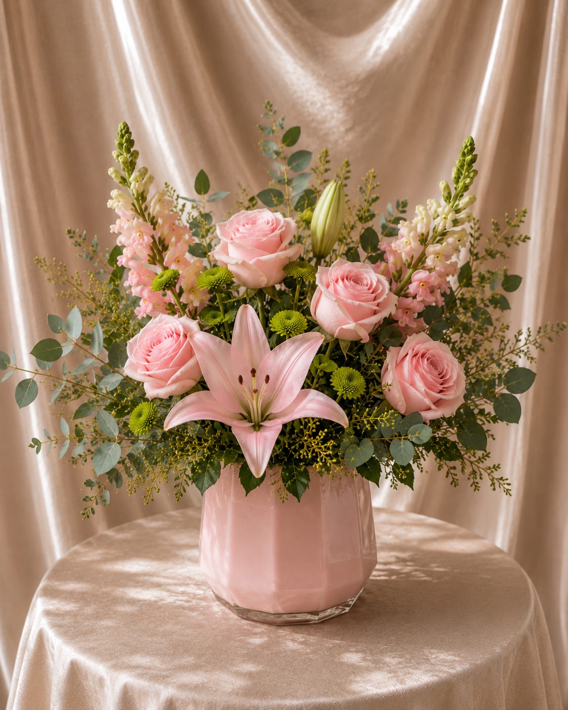 Blush Garden Bouquet - Elegant and naturally styled floral arrangement designed in a soft blush pink geometric vase featuring 6 premium baby pink roses, 1 pink lily stem, delicate snapdragons, green button chrysanthemums, and fresh seasonal greenery including eucalyptus and textured foliage. Designed with an organic, garden-inspired style for a soft and romantic look that feels fresh, modern, and effortlessly elegant.  Best for: Mother’s Day, Birthday, Thinking of You, Anniversary, Elegant Floral Gift, Home Décor  Flowers, greenery, lily tones, and vase shades may vary slightly based on seasonal and supplier availability while maintaining the overall look, style, color palette, and quality of the arrangement.