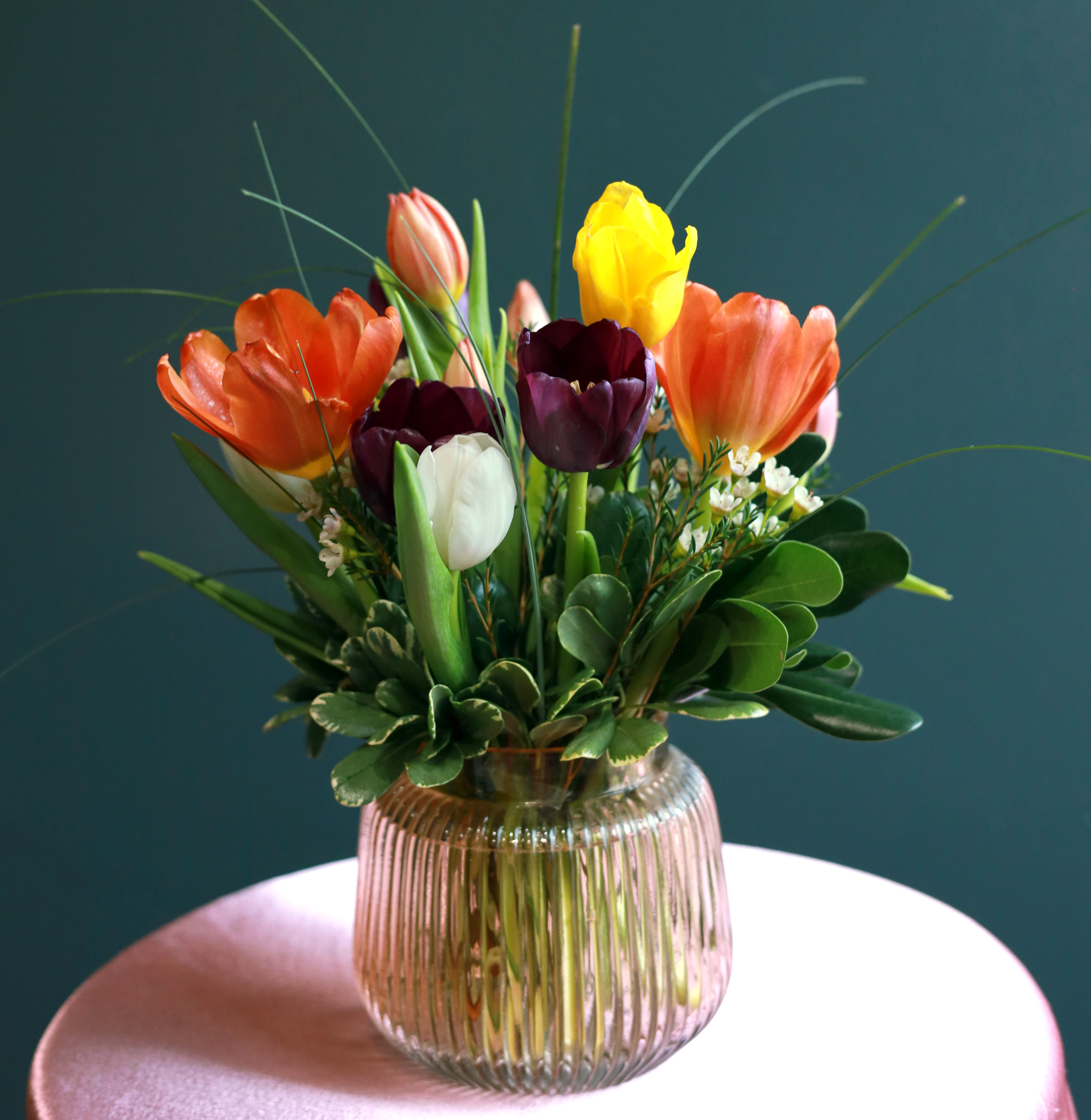 Romantic Radiance - A variety of radiant color tulips designed in a special vintage keepsake rose gold glass vase that will warm your loved one's heart with romantic radiance! 