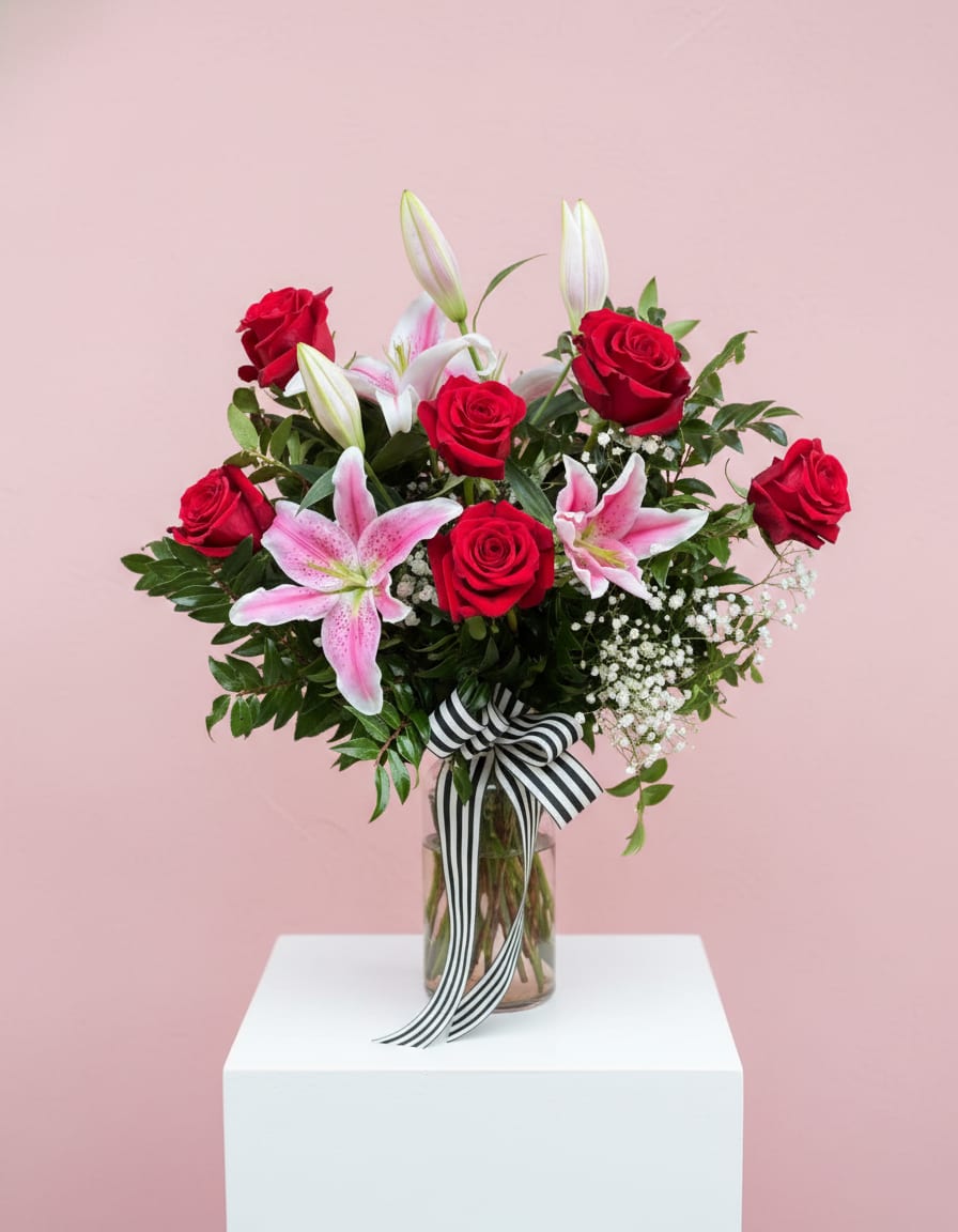 Red roses and pink lilies in a glass vase with a striped ribbon