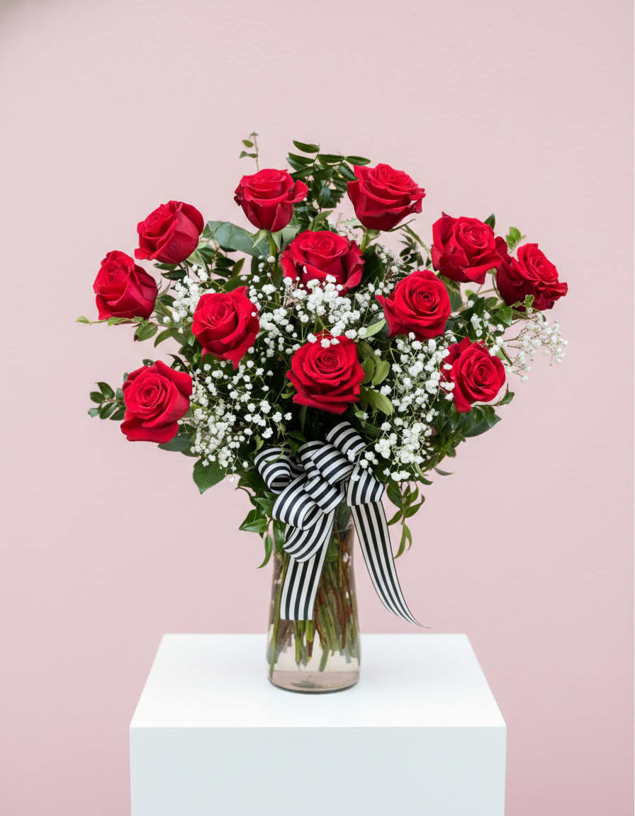 Red roses arranged in a clear glass vase with a striped ribbon