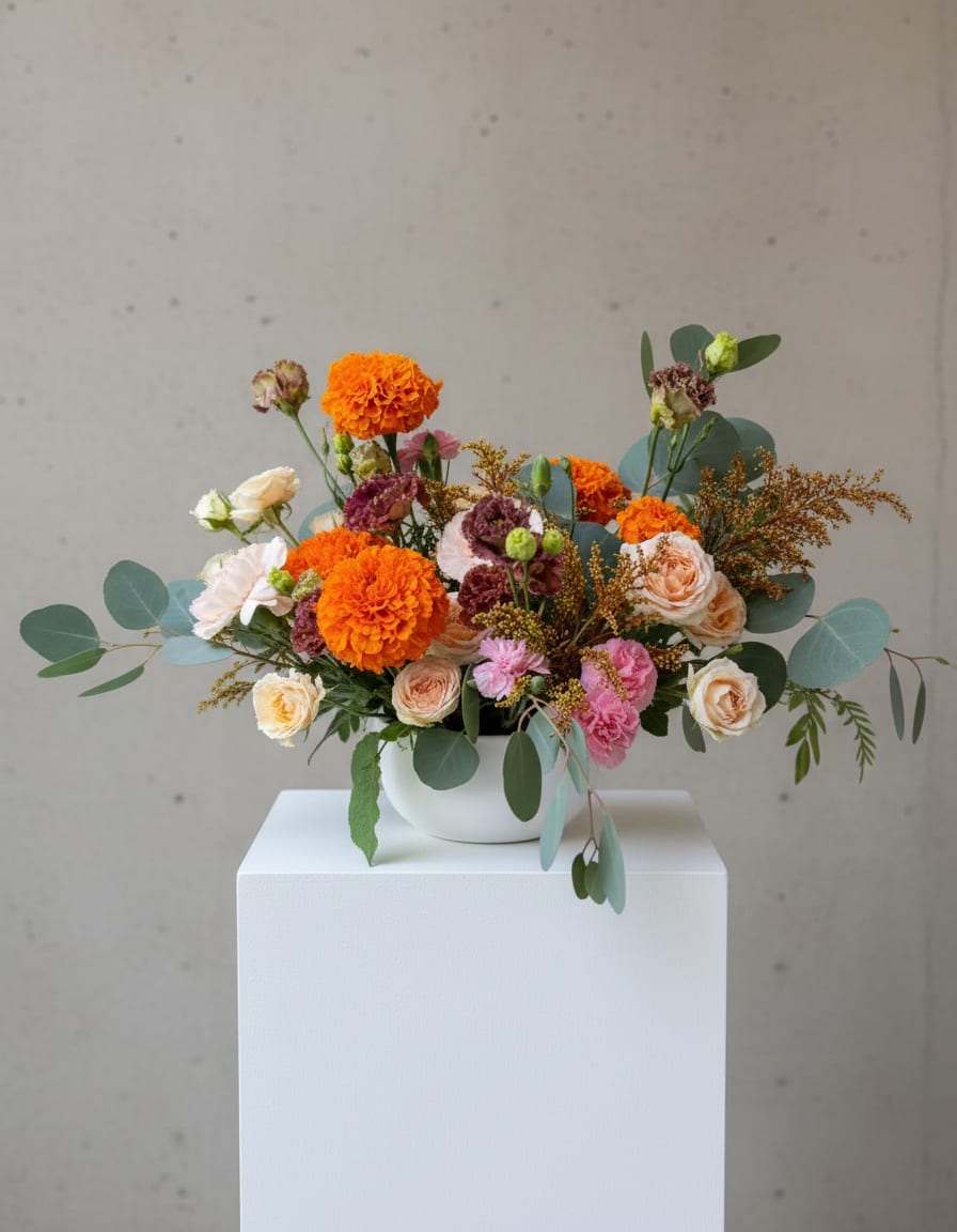 Low arrangement of orange marigolds and blush roses in a white bowl vase on a white pedestal.