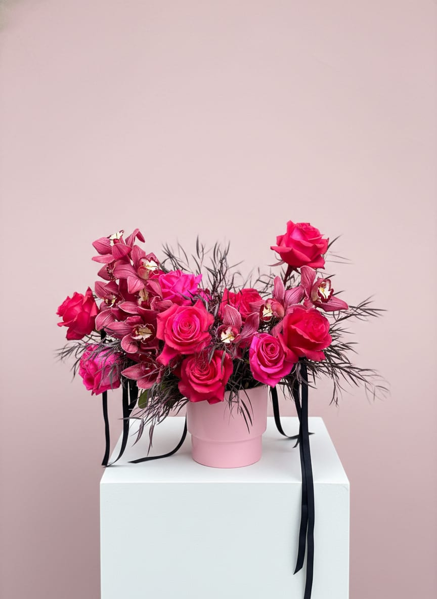 Pink roses and orchids in a pink hat box with black ribbon