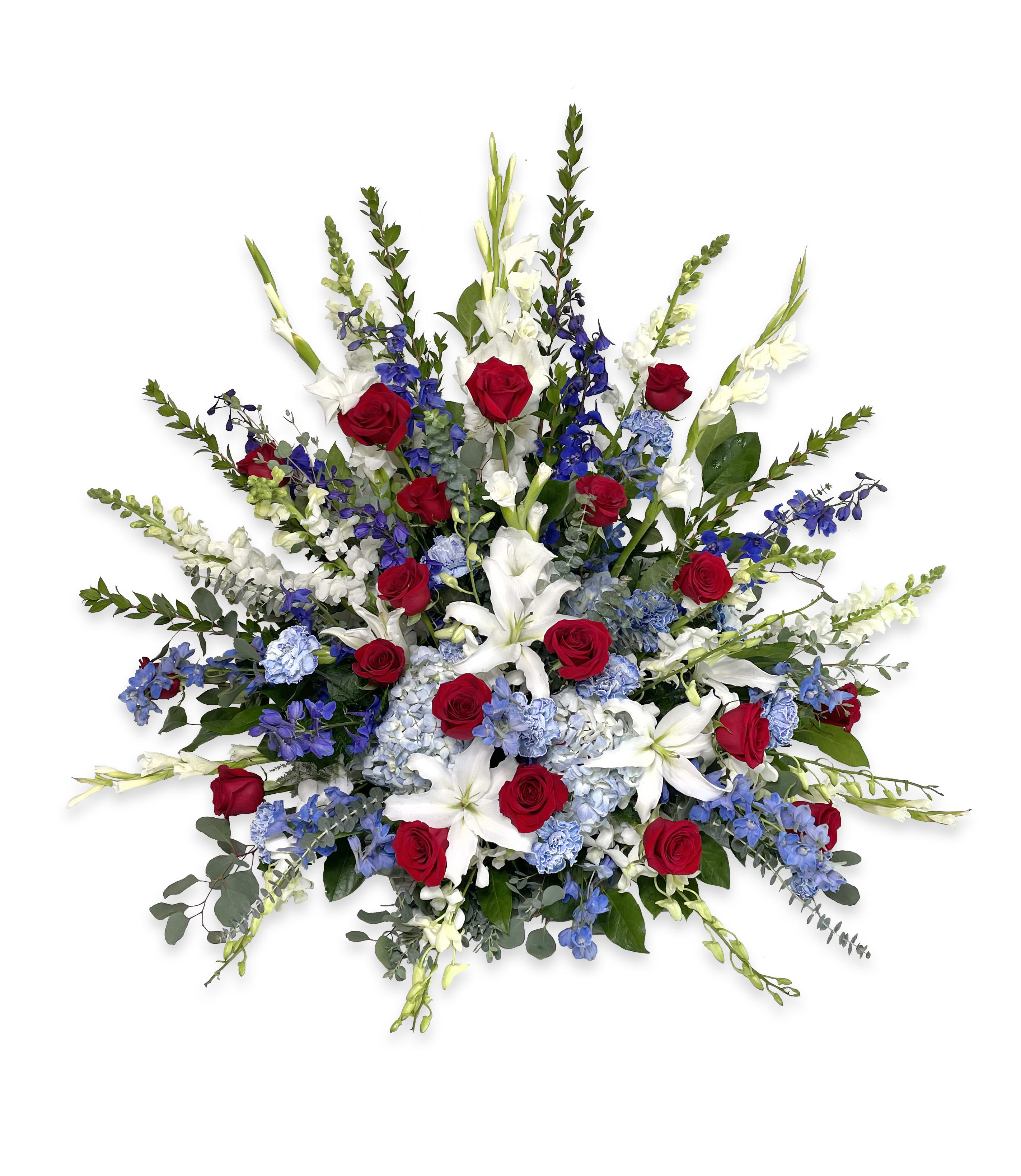 Large bouquet of red roses, white lilies, and blue flowers
