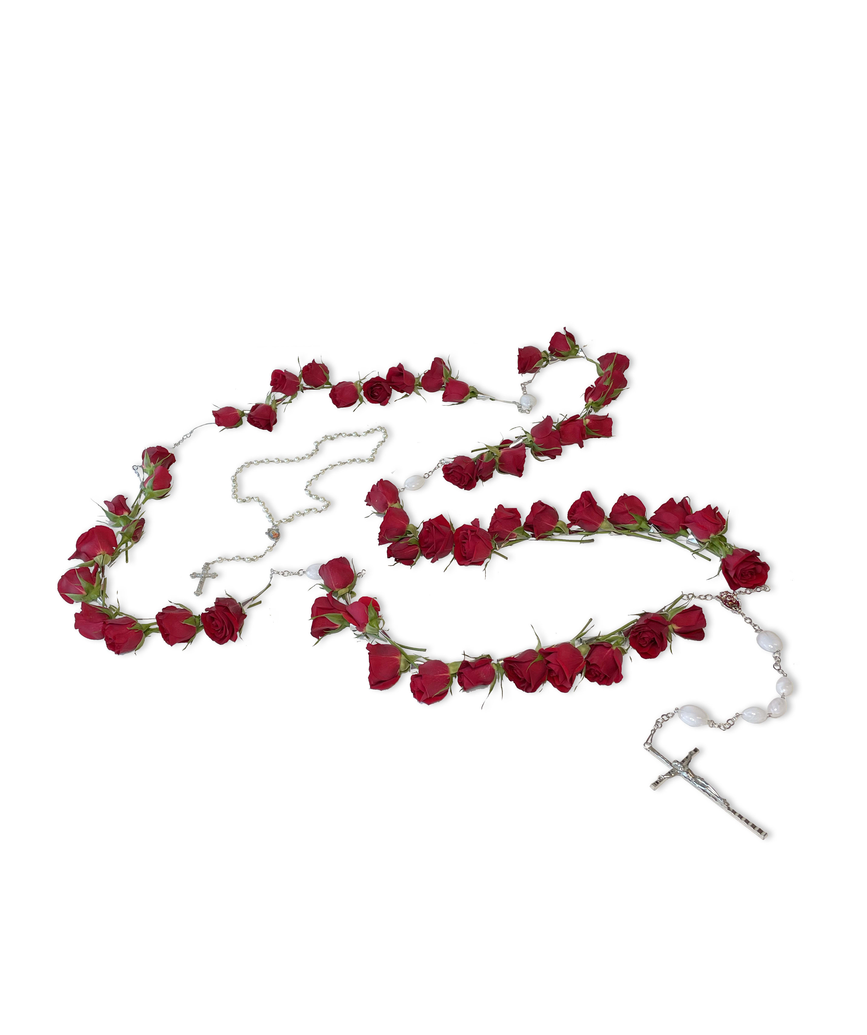 Rosary necklaces decorated with red roses on a white background