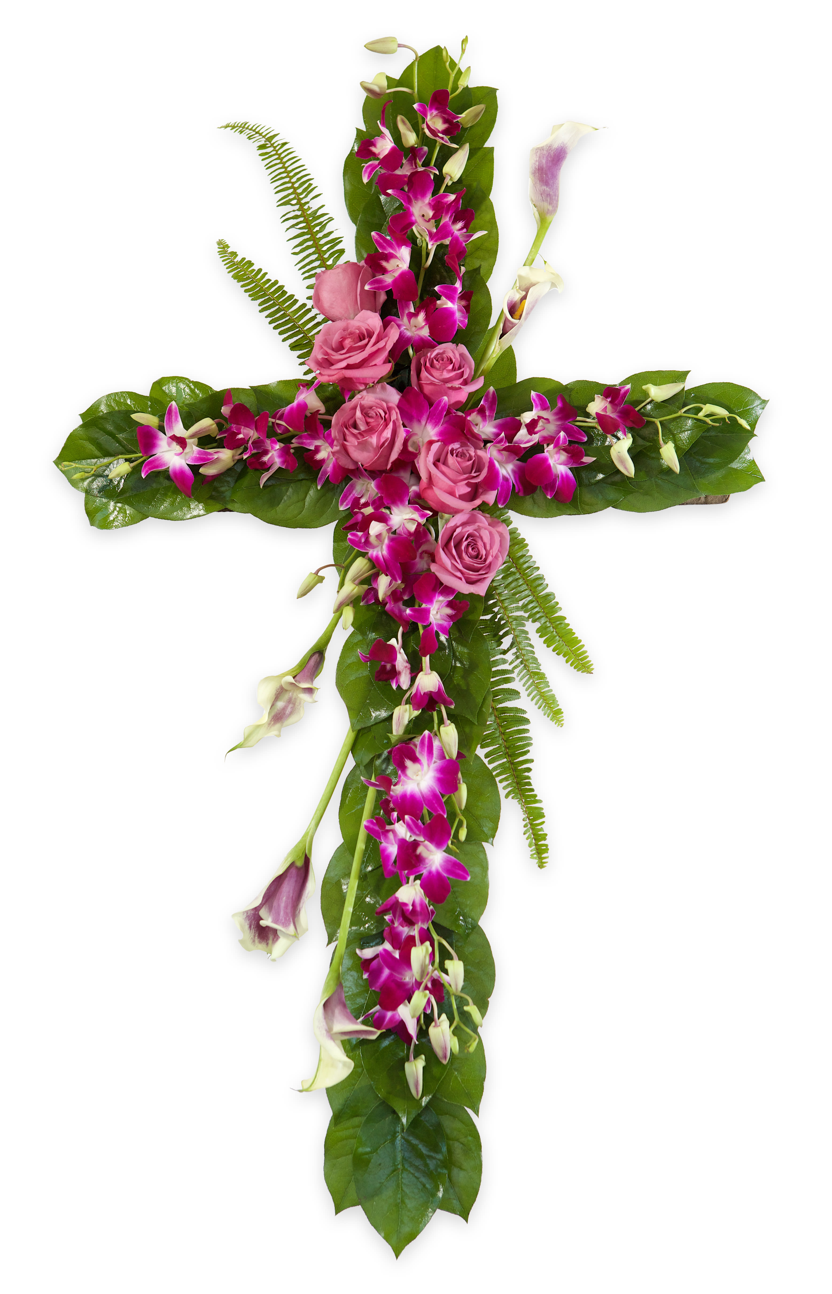 Cross-shaped floral arrangement with pink roses and purple orchids