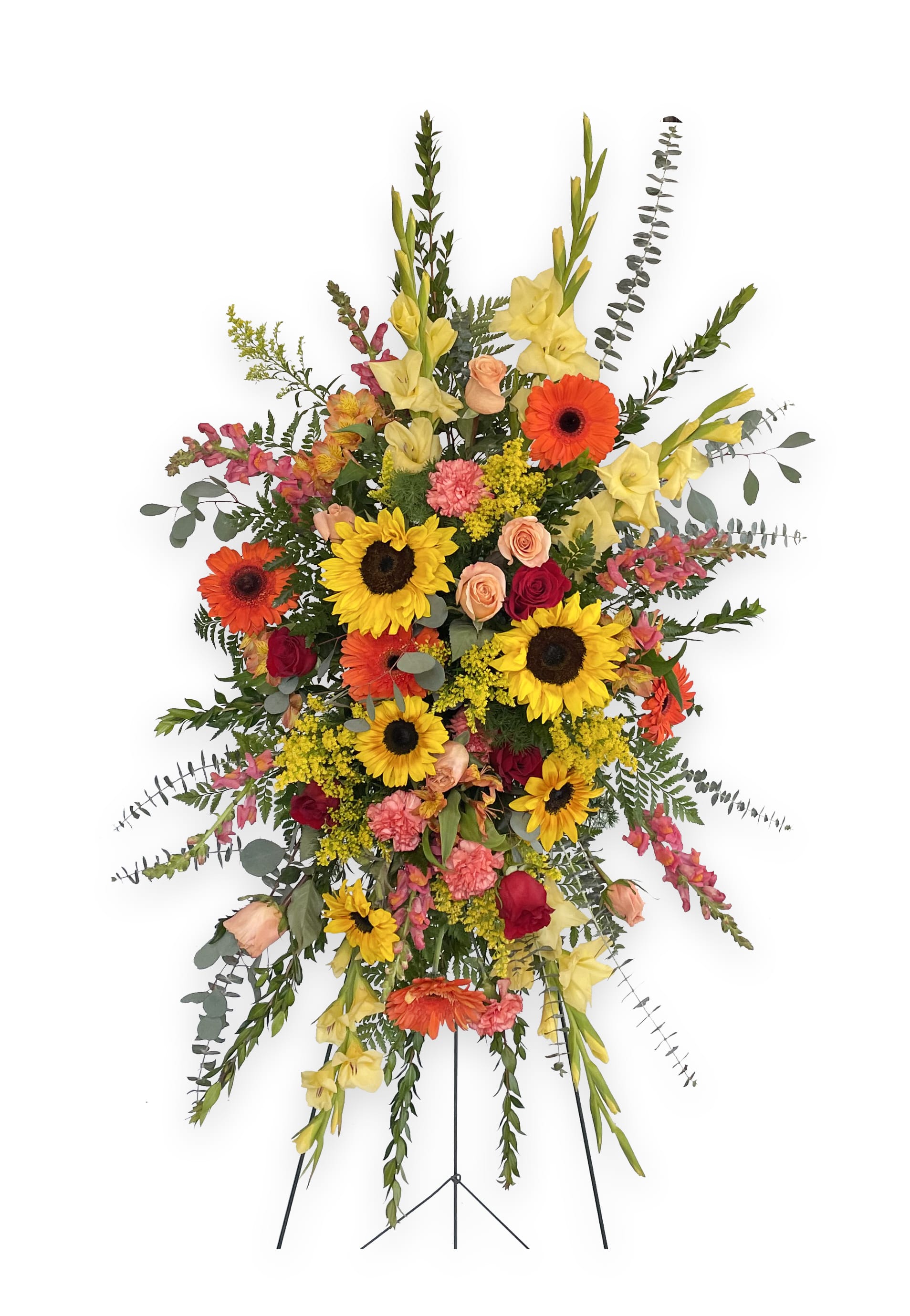Large standing spray with sunflowers, gerbera daisies, roses, and yellow gladiolus