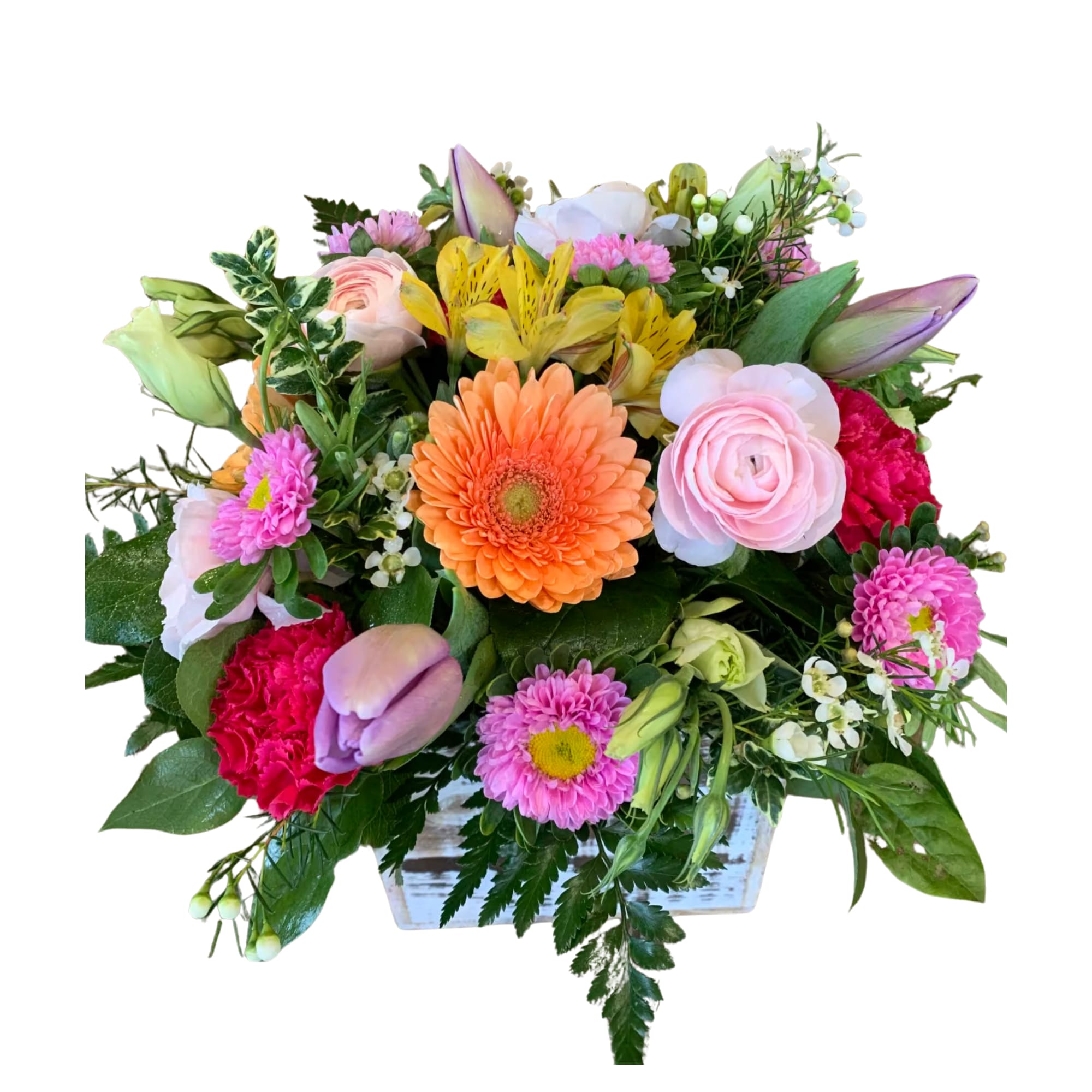 Springtime Box - A box of beautiful springtime flowers, ranunculus, gerber daisies, lisianthus, tulips and many others. Measures approximately 13”X13”