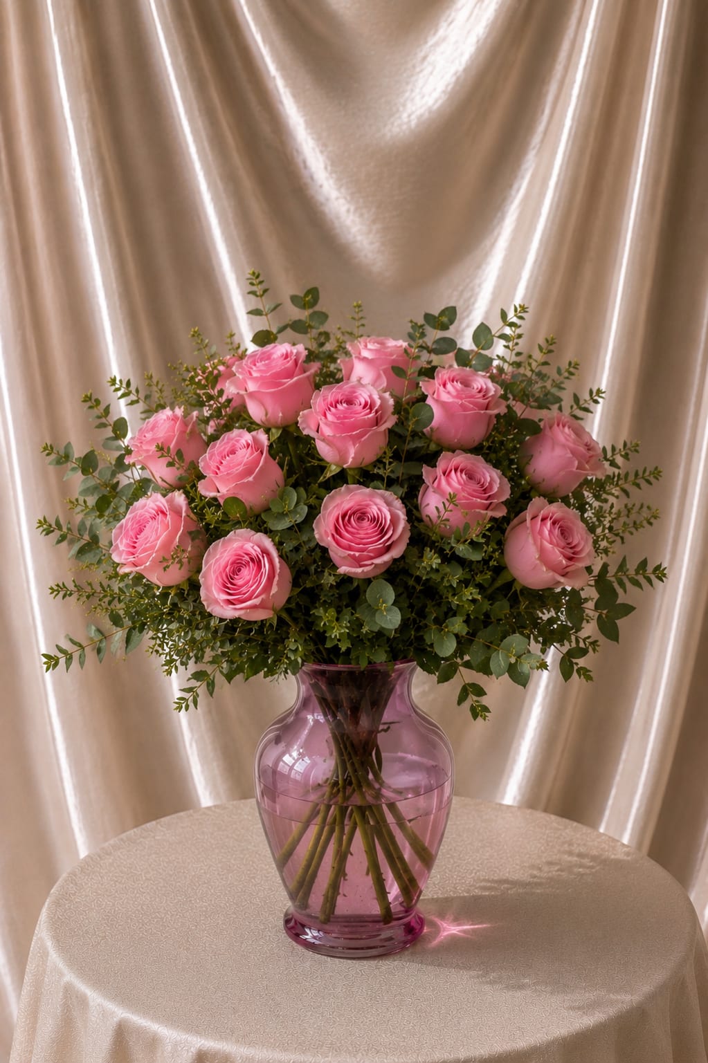 12 Baby Pink Roses in a Pink Vase - A delicate and elegant floral arrangement designed with 12 premium baby pink roses accented with fresh, natural greenery in a sophisticated translucent pink vase. Its rounded and organic design creates a romantic and modern presentation, perfect for Mother’s Day, birthdays, anniversaries, or simply surprising someone special. The visible stems in water add a fresh and realistic touch inspired by boutique floral design.  Best for: Mother’s Day, Birthday, Anniversary, Thinking of You, Love &amp; Romance  Flowers, vase and greenery may vary slightly based on seasonal availability while maintaining the overall look, color palette, style, and quality 