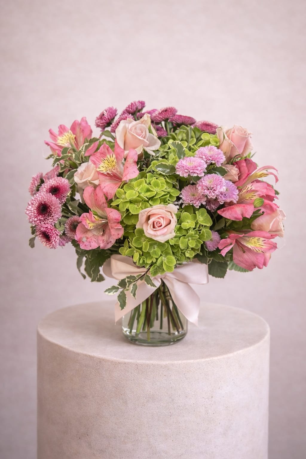 Pink and green bouquet of roses, alstroemeria, and mums in a glass vase