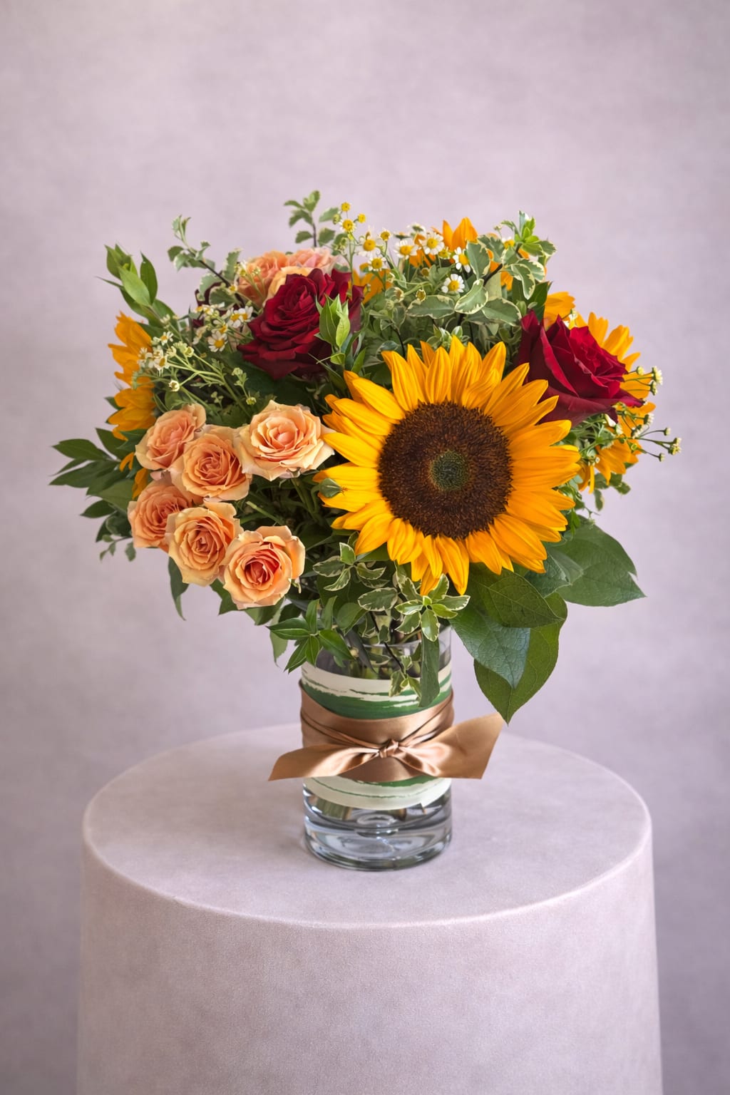 Bouquet of sunflowers and roses in a glass vase with a ribbon