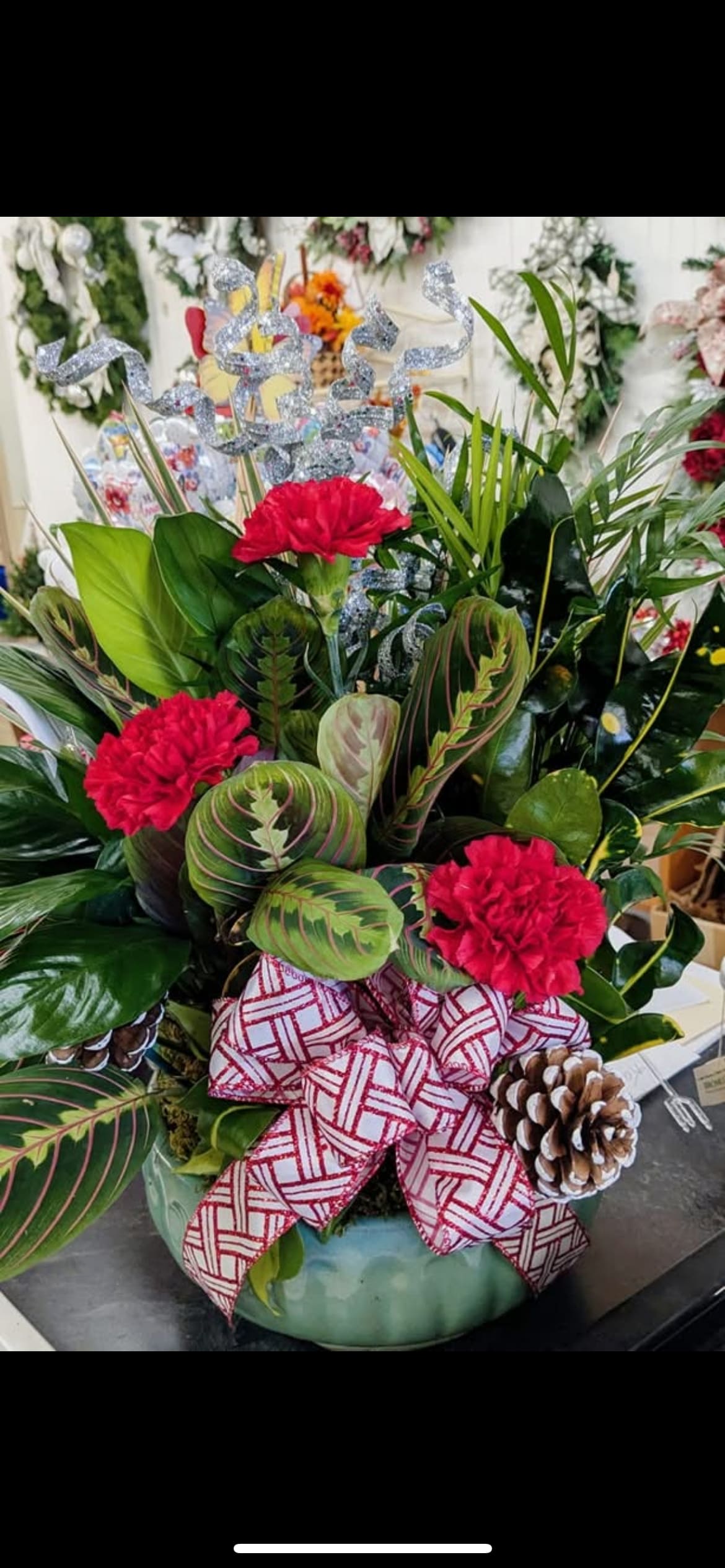 Holiday arrangement with red carnations, patterned leaves, and a ribbon in a bowl vase