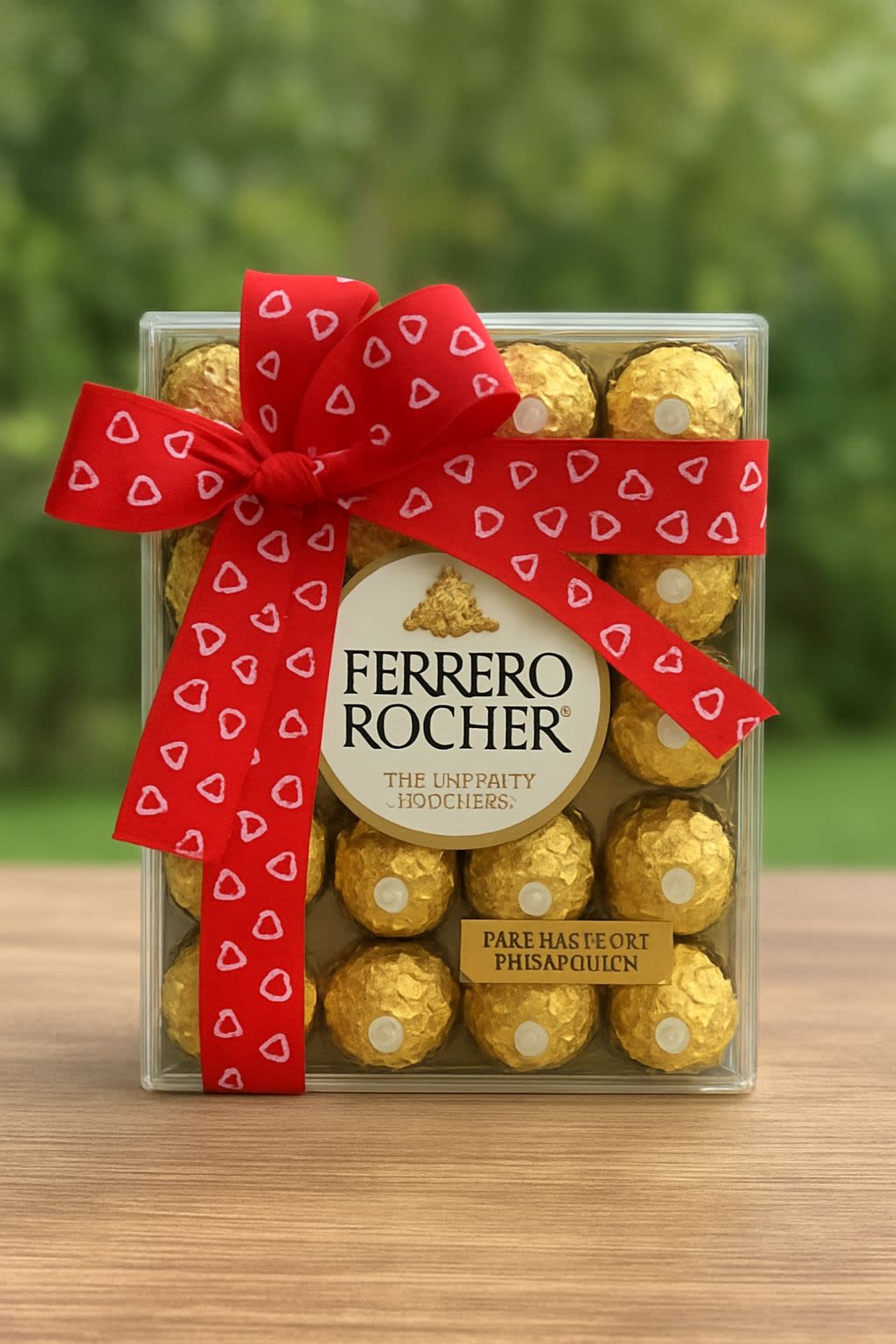 Box of Ferrero Rocher chocolates tied with a red ribbon
