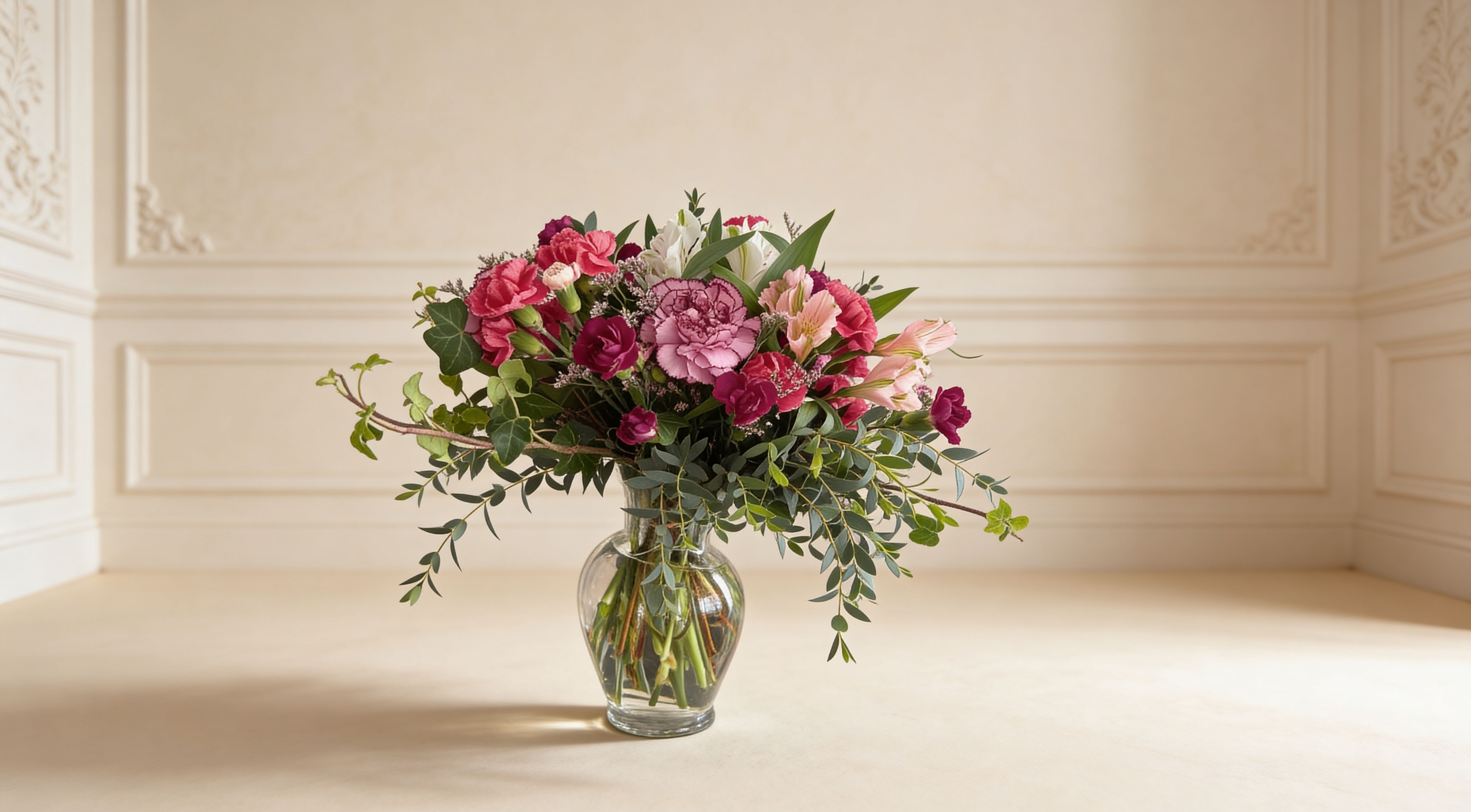 Cheerful Carnations - Vibrant pink and white carnations, lush greenery, and delicate accent flowers create a stunning 16-inch arrangement.