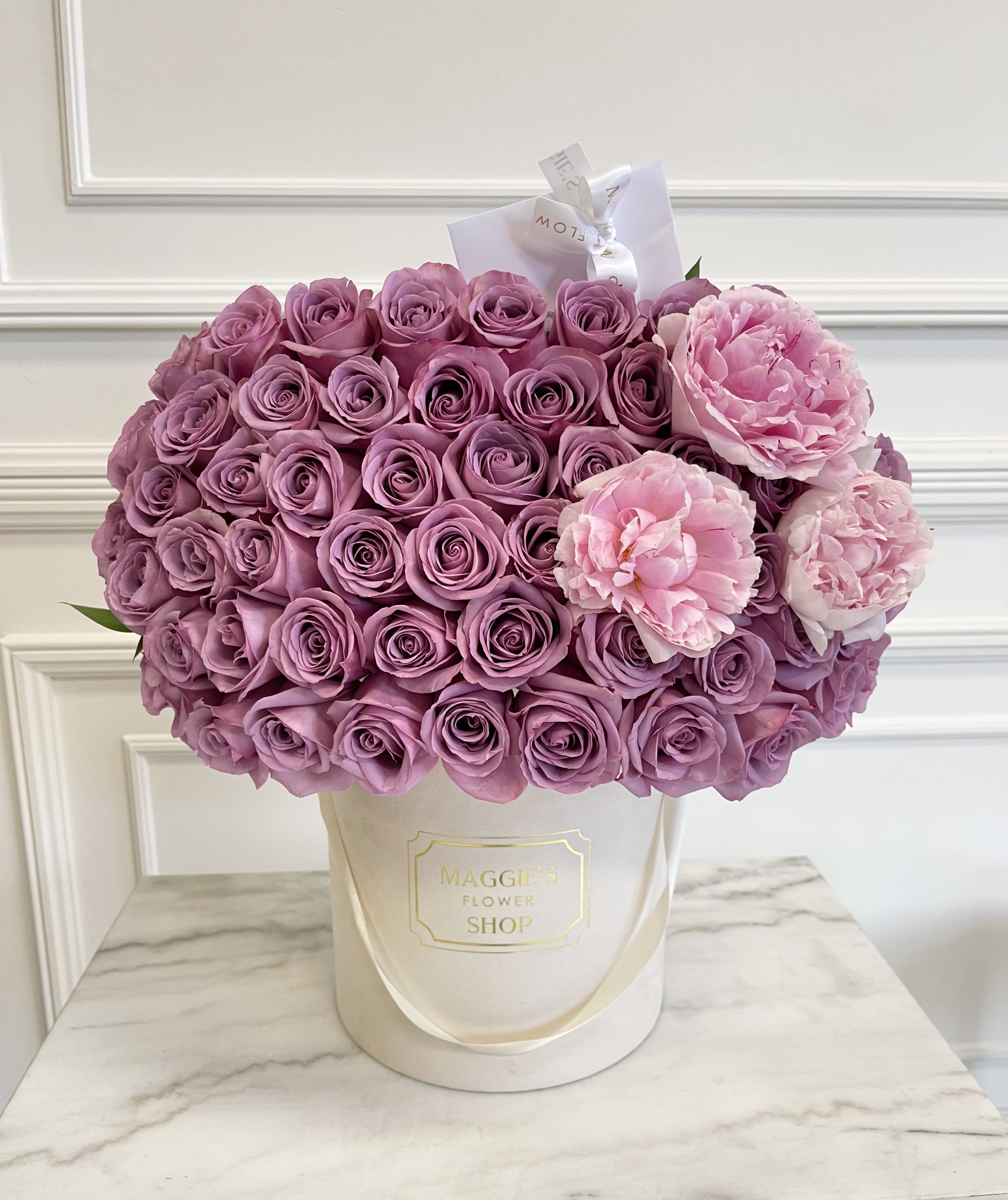 MFS Lavender Roses x Peonies  - Signature rose box with peonies.  Beige suede box. 