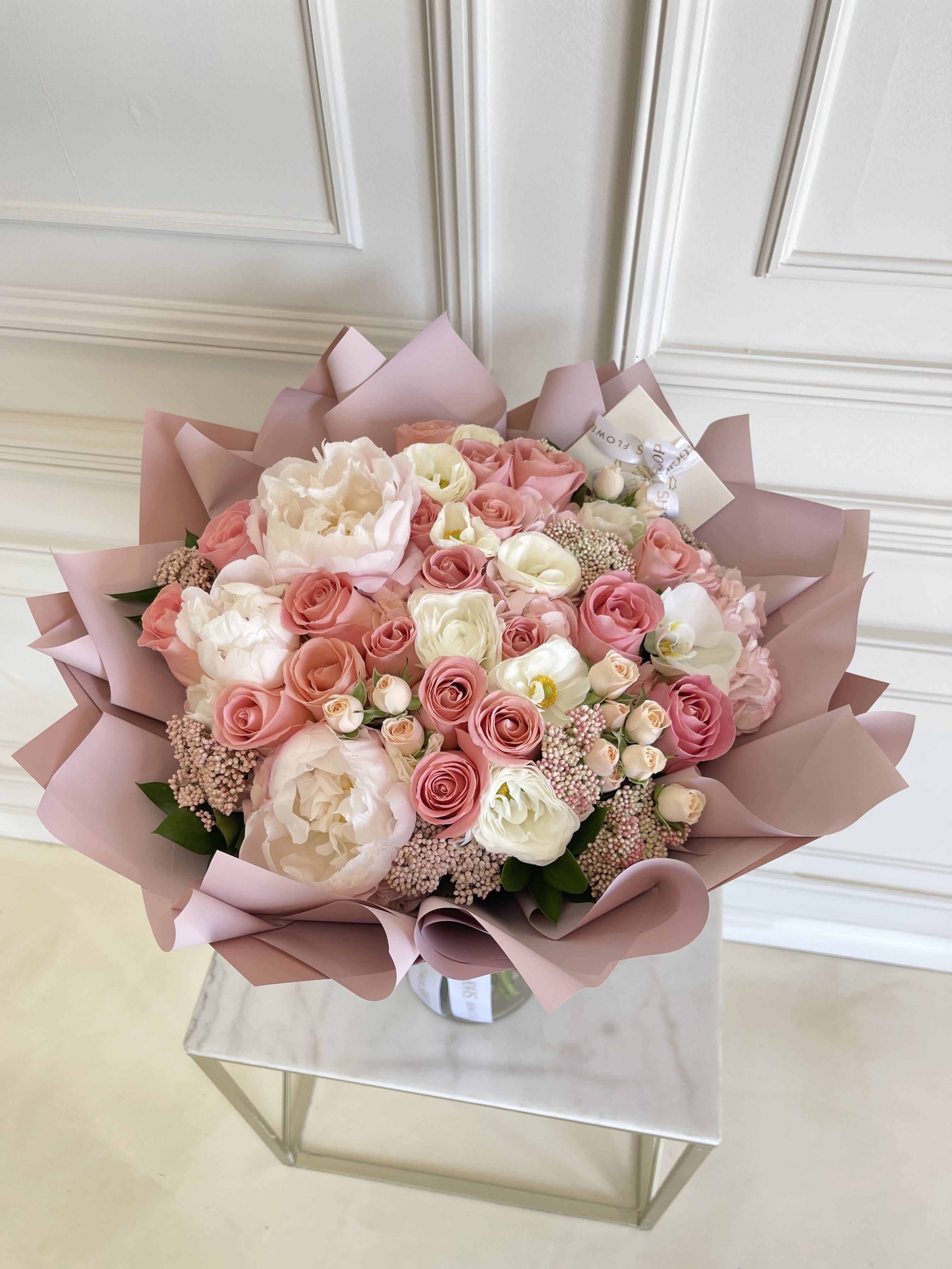 MFS Peonies x Hermosa  - Peonies  Hermosa Roses  Hydrangeas  Rice  Mini roses   *This bouquet does not include a glass vase  #290