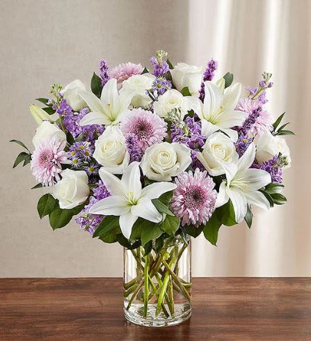 Sincerest Sorrow Lavender Flower -  Pet Friendly? No - This arrangement contains Oriental Lilies, which are highly toxic to cats and can cause kidney failure. The Daisy Poms (Chrysanthemums) are also irritants to both cats and dogs.  Keep this arrangement out of reach and avoid sending it to homes with curious household pets.   Human Allergy Note : This arrangement contains pollen-heavy Oriental Lilies and Daisy Poms.  To minimize irritation, we recommend snipping the orange pollen-bearing anthers from the lilies as they open and keeping the room well-ventilated.   Care &amp; Longevity : To keep these blooms fresh, trim the stems at an angle every few days and place them in a clean vase with room-temperature water. Remove any fading blossoms, especially the lower stock blooms, and keep the arrangement away from direct sunlight or heating vents.   Best Occasions &amp; Situations : - Funeral service tribute - Sympathy gesture for the home - Celebration of life - Thinking of you (comfort) - Anniversary of a loss - Formal religious ceremony   Why Customers Love It : - Serene Color Balance: The mix of lavender and white is traditional yet visually striking. - Large Impact: Its impressive height makes it a perfect tribute for large rooms or chapels. - Fragrant Presence: The natural scent of lilies and stock provides a comforting atmosphere. - Gift-Ready: Arrives professionally arranged in a sturdy glass vase for immediate display.