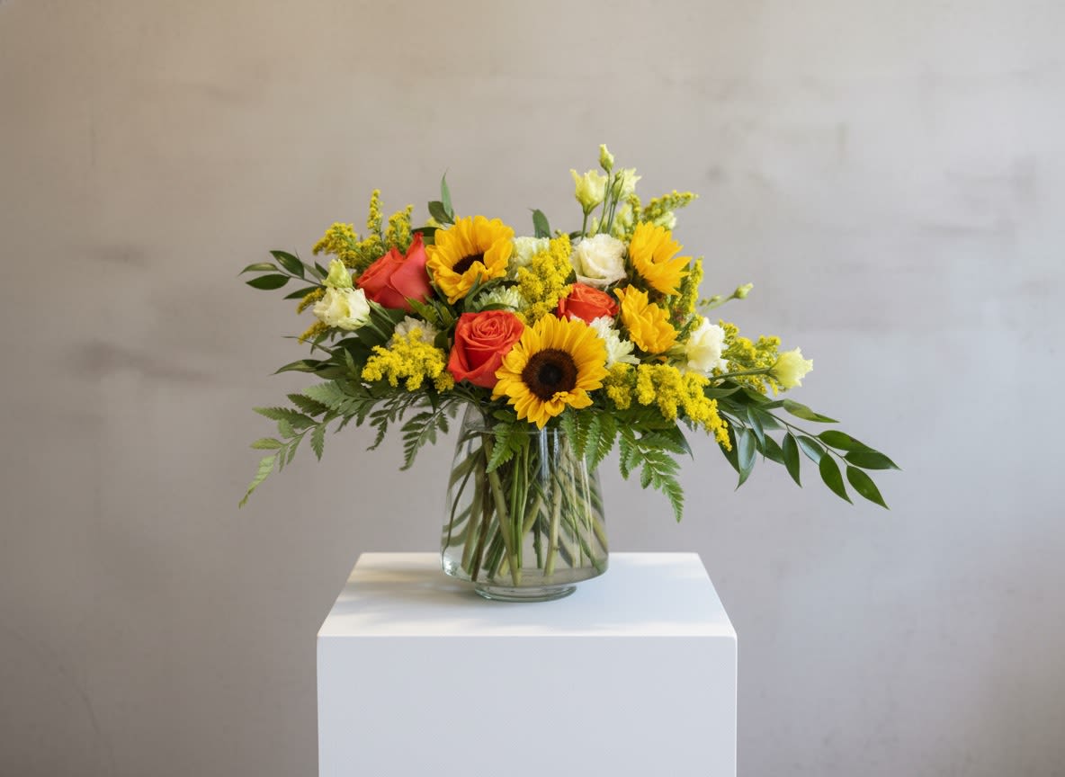 Summer Lovin  - Bright, bold, and full of feel-good love, Summer Lovin’ is a Valentine’s Day arrangement for those who adore color and sunshine. Featuring cheerful sunflowers, vibrant Orange Crush roses, and a playful mix of assorted summer textures and warm seasonal blooms, this design radiates happiness and heartfelt charm. Lush greenery and lively colors come together in a fresh, uplifting style that’s perfect for spreading joy, warmth, and a little unexpected romance. A beautiful choice for the one who brings sunshine into your life—on Valentine’s Day and beyond.