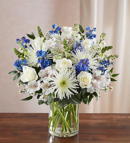 Sincerest Sorrow Blue Flower -  Pet Friendly? No - This arrangement contains Spider Mums and Alstroemeria, which can cause gastrointestinal upset in household pets.  Keep this vase on a high mantel or stable pedestal to avoid curious cats or dogs in Nashville, TN.    Human Allergy Note : This design contains pollen-heavy Spider Mums and Asters. If the recipient has hay fever, keep the arrangement in a well-ventilated room and avoid placing it directly on a bedside table.   Care &amp; Longevity : To keep these blooms fresh, check the water level daily and top it off with room-temperature water. Every two days, carefully change the water entirely and trim the stems at a 45-degree angle.   Best Occasions &amp; Situations : - Funeral service tribute - Expressions of sympathy - Celebration of life ceremony - Memorial foyer display - Home delivery for bereavement - Formal corporate anniversary - Winter seasonal centerpiece   Why Customers Love It : - Stunning Height: The tall delphiniums create a grand, respectful presence in large rooms. - Soothing Colors: The white and blue palette offers a sophisticated alternative to traditional all-white sympathy flowers. - Exceptional Value: Uses hardy blooms like Mums and Alstroemeria that stay beautiful for a week or more. - Ready to Display: Arrives professionally styled in a sturdy glass vase for immediate placement.