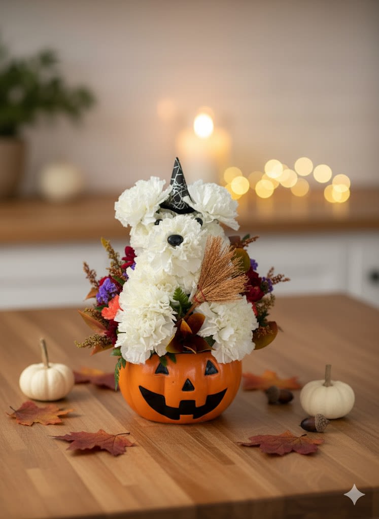 White flower dog in a jack-o'-lantern pumpkin container