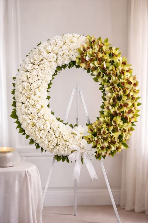 ETERNAL REMEMBRANCE SYMPATHY WREATH (Silk)  - The Eternal Remembrance Sympathy Wreath is a beautiful silk funeral wreath featuring hydrangeas, lilies, and cymbidium orchids arranged in a classic circular design. This elegant memorial tribute symbolizes everlasting love and remembrance and is perfect for funeral services, memorial ceremonies, and celebration of life events in Houston.