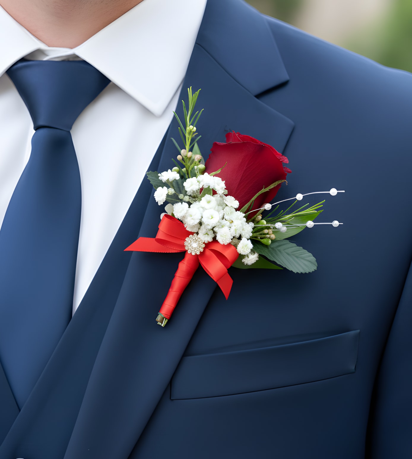 Red rose boutonniere on a navy suit jacket