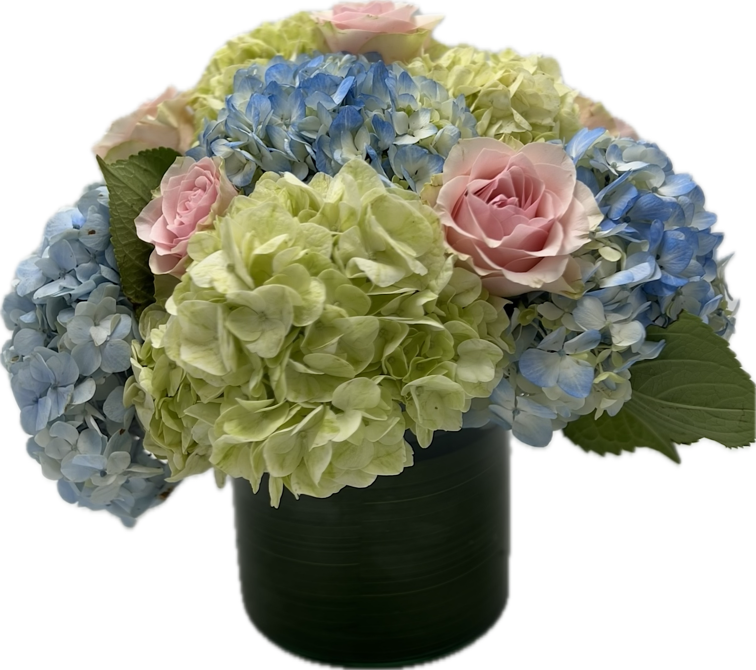 Blue and green hydrangeas with pink roses in a dark vase