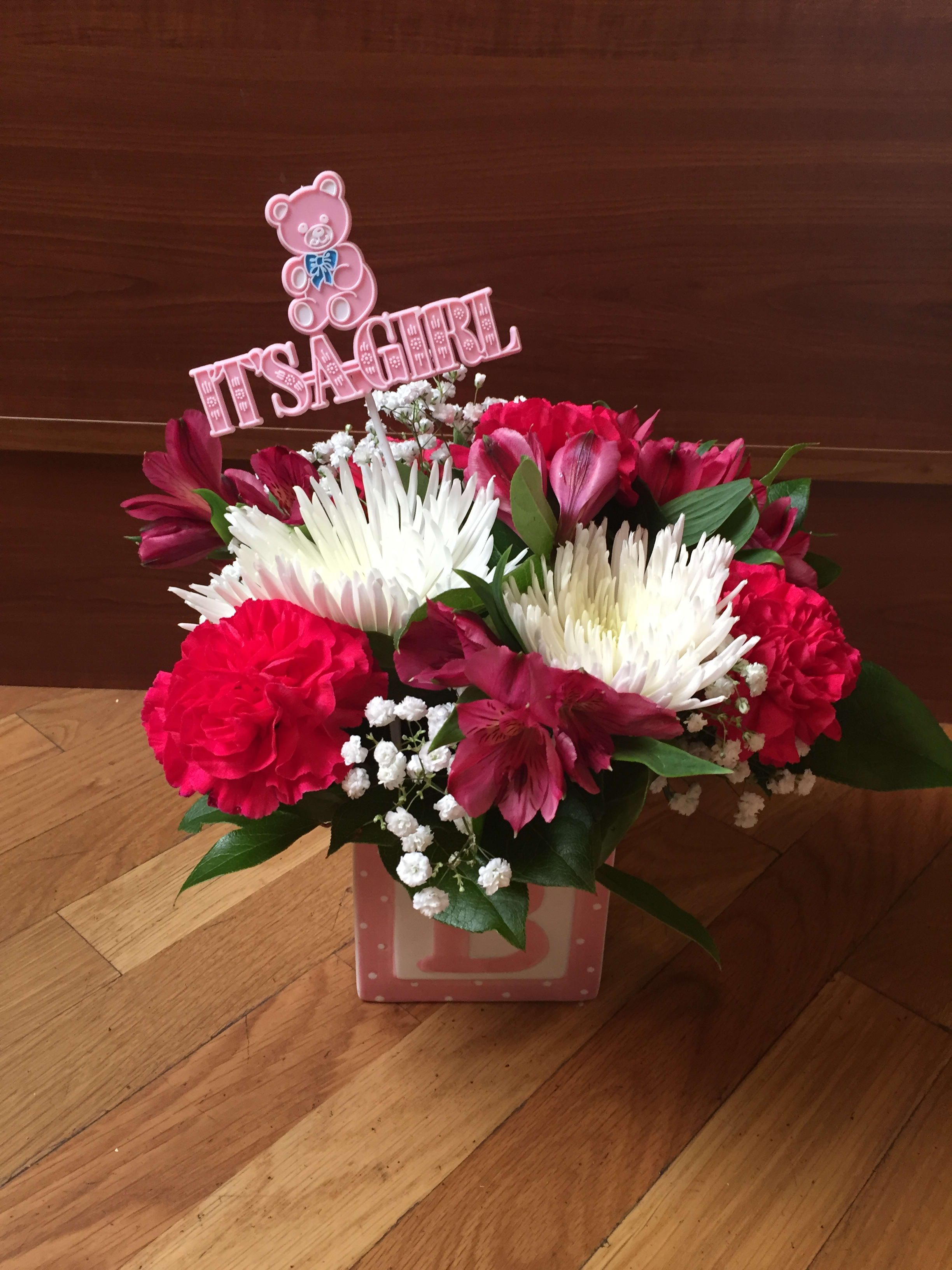 Spider mums, Carnations, alstroemerias for a beautiful baby girl.  - Baby girl shades of pinks 
