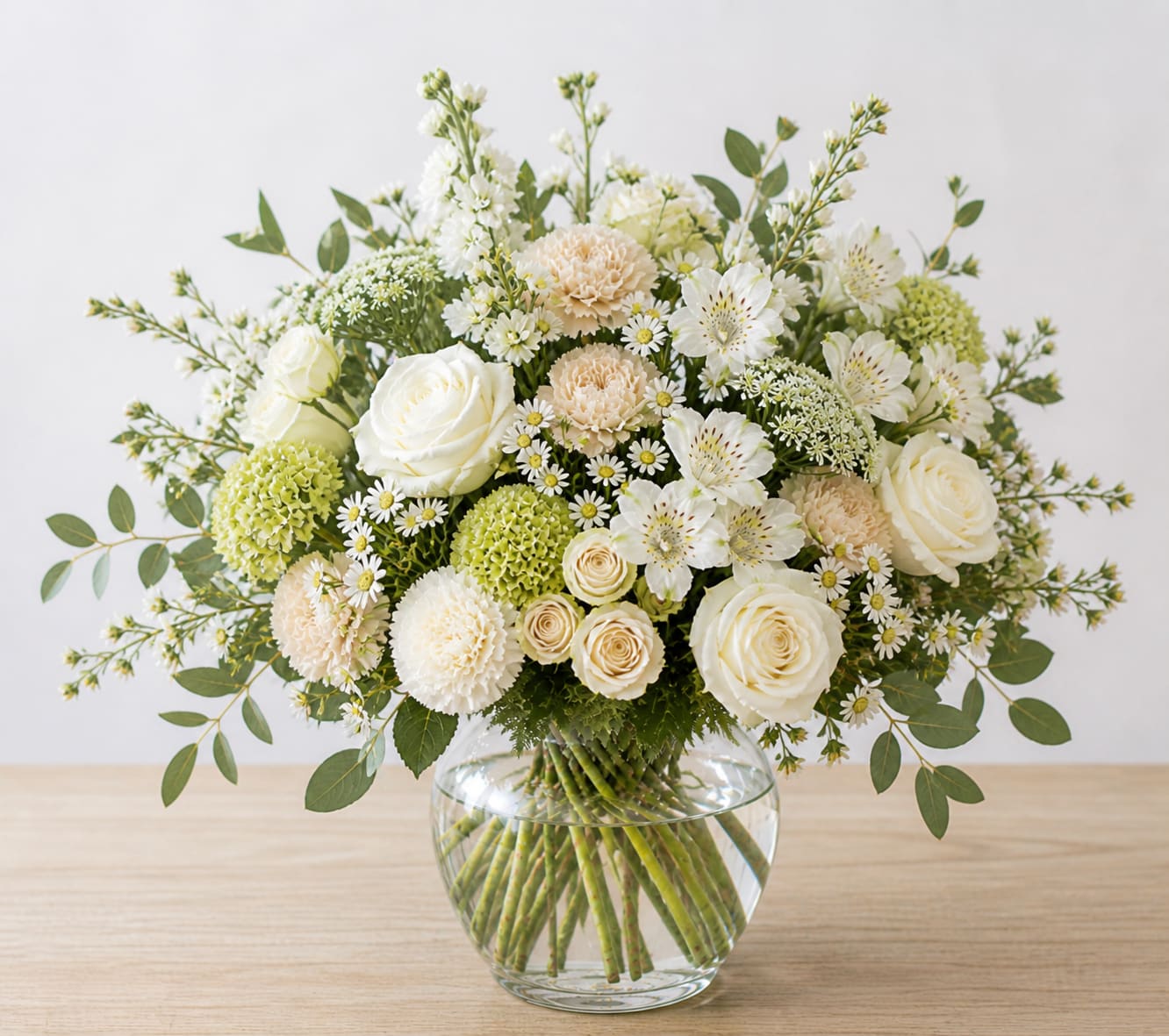Neutral Garden - Designer's Choice - Let us create something timeless and beautifully understated!  Our Neutral Garden arrangements are designed in a soft, refined palette of creamy whites, fresh greens, and subtle blush accents. With a natural, garden-inspired style and airy movement, each design feels effortless, elegant, and quietly luxurious.  Perfect for a more classic and sophisticated gift, this arrangement is thoughtfully crafted to feel fresh, organic, and elevated without being overwhelming.  Choose your preferred size, and we’ll take care of the rest.  Flowers and exact varieties will vary based on availability while maintaining the overall color palette and style. Photo shown reflects our Signature size.