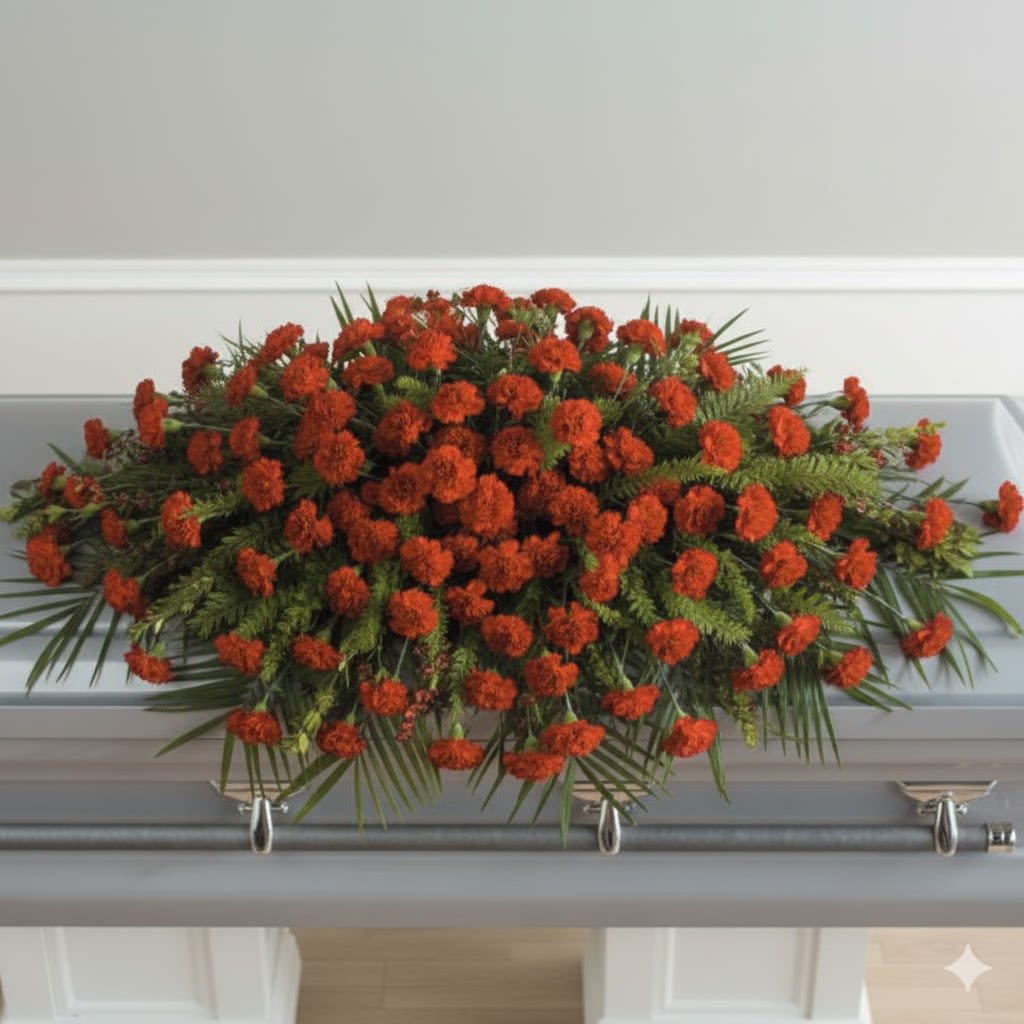 Red Full Casket Flower  -  Pet Friendly? NO . Red  carnations are common, they can cause mild gastrointestinal upset or dermatitis in household pets if ingested or brushed against.  Keep out of reach; avoid homes with curious cats or dogs during the mourning period.   Human Allergy Note : No major allergy-triggering flowers noted.   As this is a large arrangement, we recommend keeping the service area well-ventilated to maintain freshness.   Care &amp; Longevity : This arrangement is designed in a specialized casket saddle containing floral foam. To maintain its beauty, gently mist the blooms and add a small amount of water to the center of the foam daily. Keep the spray away from direct sunlight, heating vents, or outdoor drafts to prevent the petals from wilting prematurely.   Best Occasions &amp; Situations : - Funeral services - Celebration of life - Memorial tributes - Graveside services - Casket adornment for veterans - Traditional church services   Why Customers Love It : - Deeply symbolic color represents respect and “a life well lived.” - Massive floral coverage provides a dignified look for a closed casket. - Hardy bloom selection ensures the arrangement stays fresh through the entire service. - Timeless aesthetic that fits both modern and traditional ceremonies. -Sturdy construction designed for safe transport and placement.
