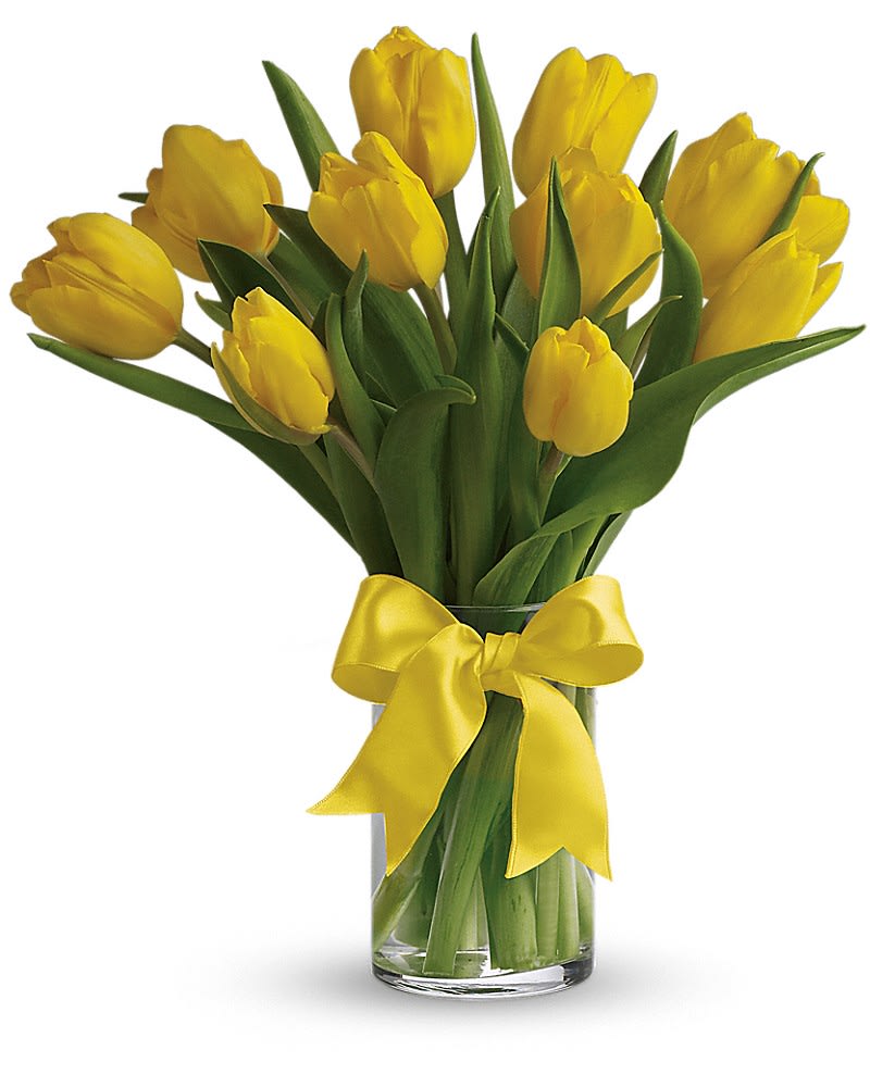Yellow tulips in a clear glass vase with a yellow ribbon
