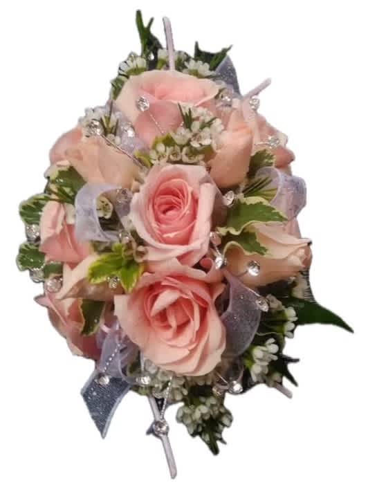 Pink rose bouquet with ribbon and rhinestone accents