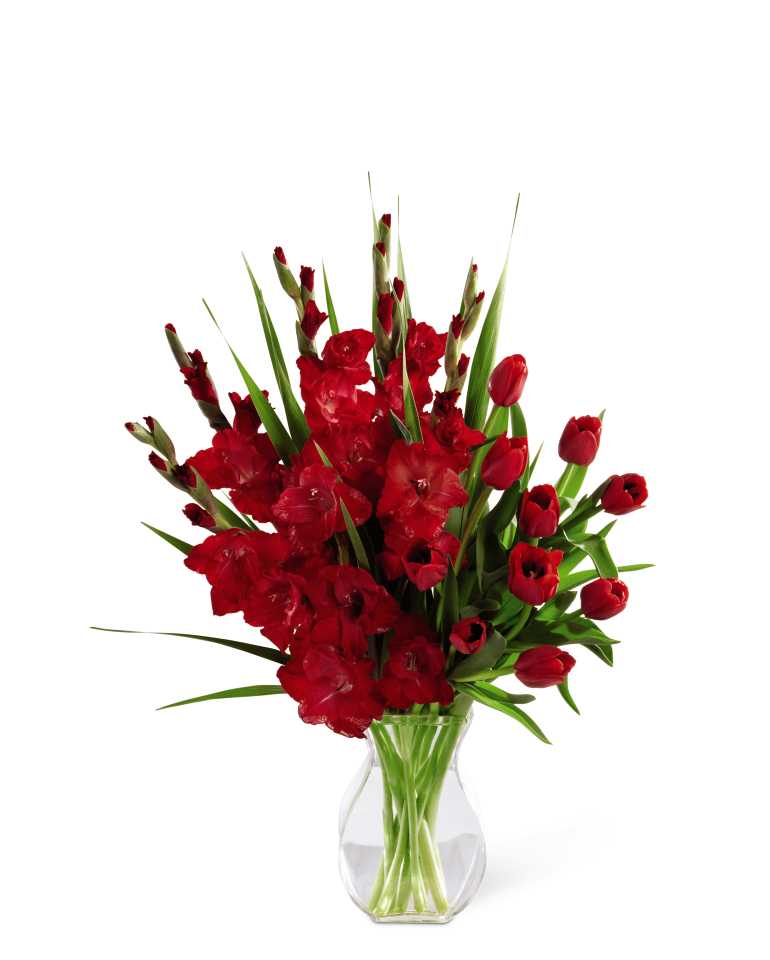 The FTD Meditation Bouquet - The FTD Meditation Bouquet bursts with rich red color to convey your heart's sadness at the loss of the deceased. Ruby red tulips and gladiolus are accented with lush greens and seated in a classic clear glass vase to create a bouquet that honors a life that overflowed with love and beauty.