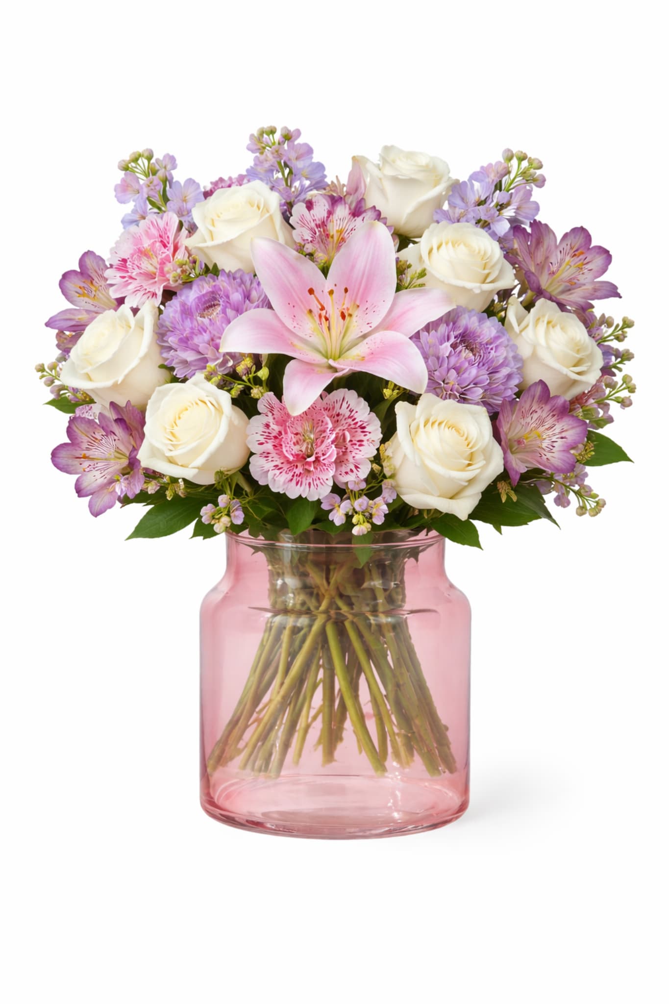 Blush Garden Luxe - Blush Garden Luxe is a premium floral arrangement featuring white roses, pink lilies, and soft lavender accents. Designed for elevated Valentine’s gifting with same-day delivery available in Charlotte NC.   luxury Valentine flowers Charlotte NC · pink lily rose arrangement · upscale florist