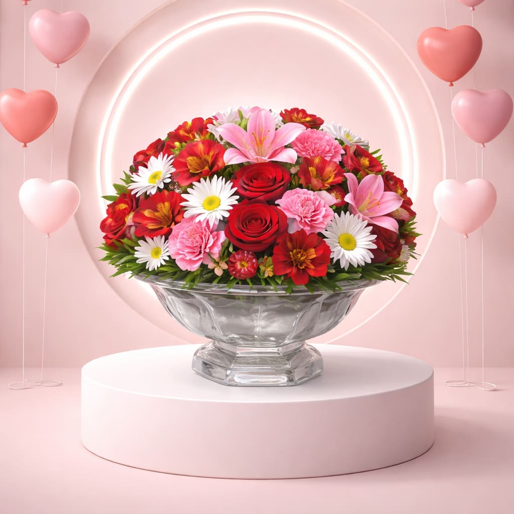 Crystal Garden Romance  - Lush, colorful, and elegantly romantic — Crystal Garden Romance is a show-stopping floral centerpiece featuring premium red roses, soft pink lilies, white daisy mums, pink carnations, and vibrant red alstroemeria, all beautifully arranged in a crystal-style pedestal bowl vase.  This full garden-style design blends romance with freshness and texture, making it perfect for anniversaries, Valentine’s Day, birthdays, congratulations, or when you want to truly impress.  Handcrafted by a local florist using the freshest seasonal blooms, this arrangement delivers luxury, fragrance, and unforgettable beauty.