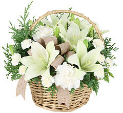 Marshmallow World - It's a whipped cream day ! Send this beautiful  basket this year featuring all snow white flowers to include lilies, full size, and miniature carnations,  burlap ribbon and more!
