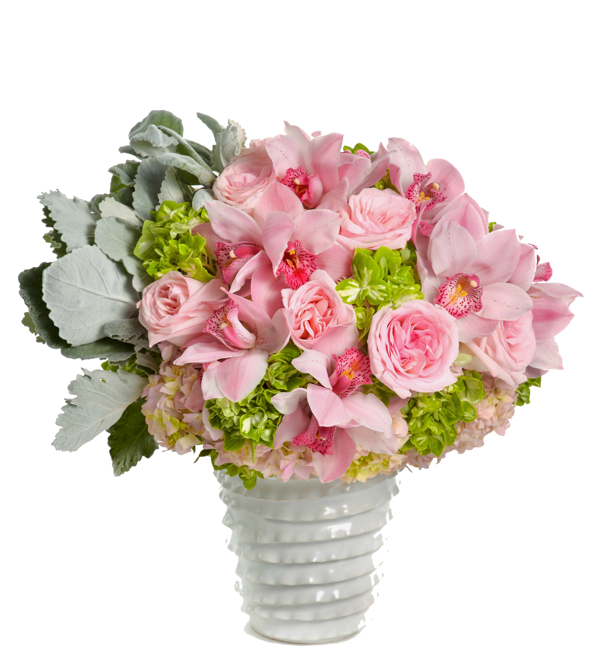 Pink roses and orchids arranged in a white vase