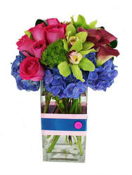 A Beautiful Morning  - A whimsical and stunning arrangement filled with the seasons favorites hot pink roses, purple hydrangeas, green cymbidium orchids, hot pink mini callas and green trick. ** hydrangea color may vary** 