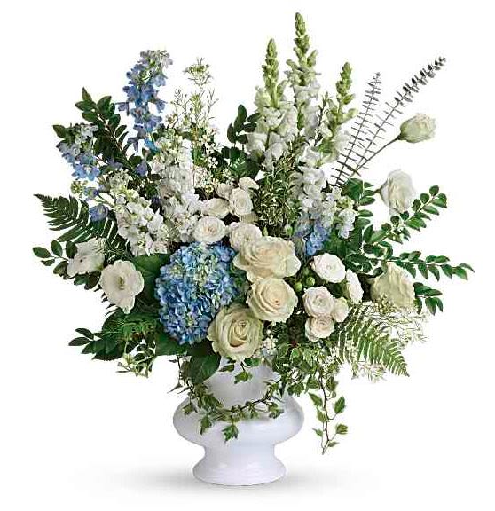 Treasured And Beloved Flower  -  Pet Friendly? NO . While many of these flowers are safe, Hydrangeas and English Ivy are considered toxic if ingested by cats or dogs.   Keep this arrangement on a high table or pedestal out of reach of household pets.   Human Allergy Note : No major allergy-triggering flowers noted. Most blooms here, like roses and hydrangeas, have heavy pollen that doesn’t easily become airborne.   Care &amp; Longevity : To keep these blooms fresh, check the water level daily as large arrangements “drink” quickly. Add fresh water to the pedestal urn and mist the ivy trails. Keep the flowers away from direct sunlight, heating vents, or drafty areas, and remove any fading petals to encourage the remaining buds to open.   Best Occasions &amp; Situations : - Sympathy or Funeral Service - Thinking of You - Home Housewarming - Retirement Celebration - Formal Anniversary - Get Well Wishes   Why Customers Love It : - Serene Color Palette: The blend of white and blue is incredibly calming. - Impressive Height: The snapdragons and delphinium add a stately, grand presence. - Gift-Ready: Arrives professionally designed in a reusable ceramic pedestal urn. - Textural Variety: A beautiful mix of ruffled roses and structured tall spikes.
