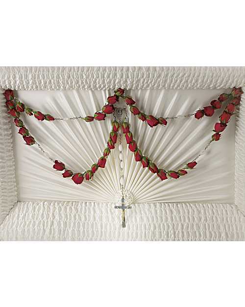 Divine Grace 50-Bead Rosary - This stunning 50-bead rosary graced with red spray roses and placed inside the coffin is a beautiful and very personal tribute for the Catholic service. The 50-bead rosary is decorated with red spray roses. Orientation: One-Sided