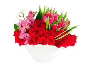 Bouquet of red roses and pink tulips in a white vase