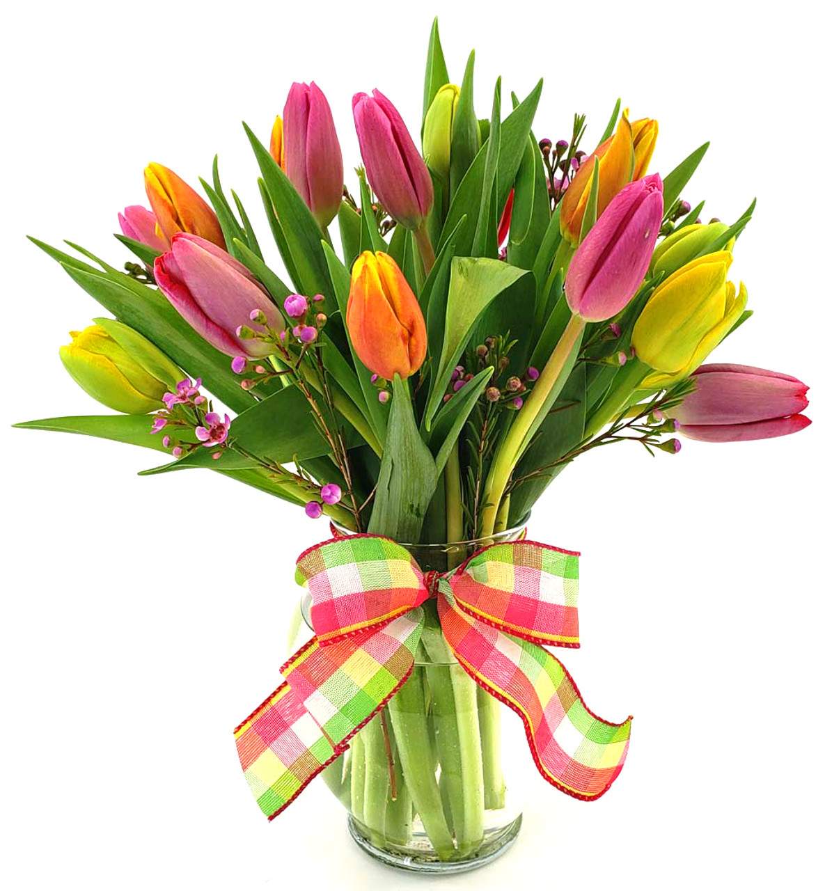 Assorted Tulips in a vase - 15 assorted, warm and sunny, farm fresh tulips. (Standard) $55.00 or 30 assorted, warm and sunny, farm fresh tulips. (Premium) $110.00  Hand-designed in a classic clear glass vase tied with Spring ribbon; vase measures 6"H Arrangement measures approximately 15"H x 15"L We hand-design each arrangement, so colors, varieties and container may vary due to local availability