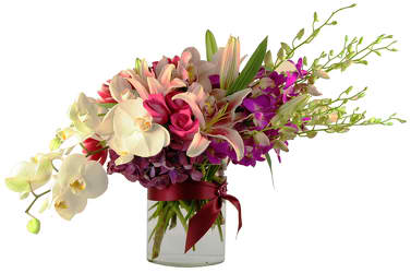 Orchid Elegance   - An awe inspiring combination of orchids and premium roses and lilies. Whites combined with ruby and amethyst* tones fit for royalty. From birthdays to anniversaries to a well deserved thank you. Let them know how much you care. *Inquire about alternate colors. 