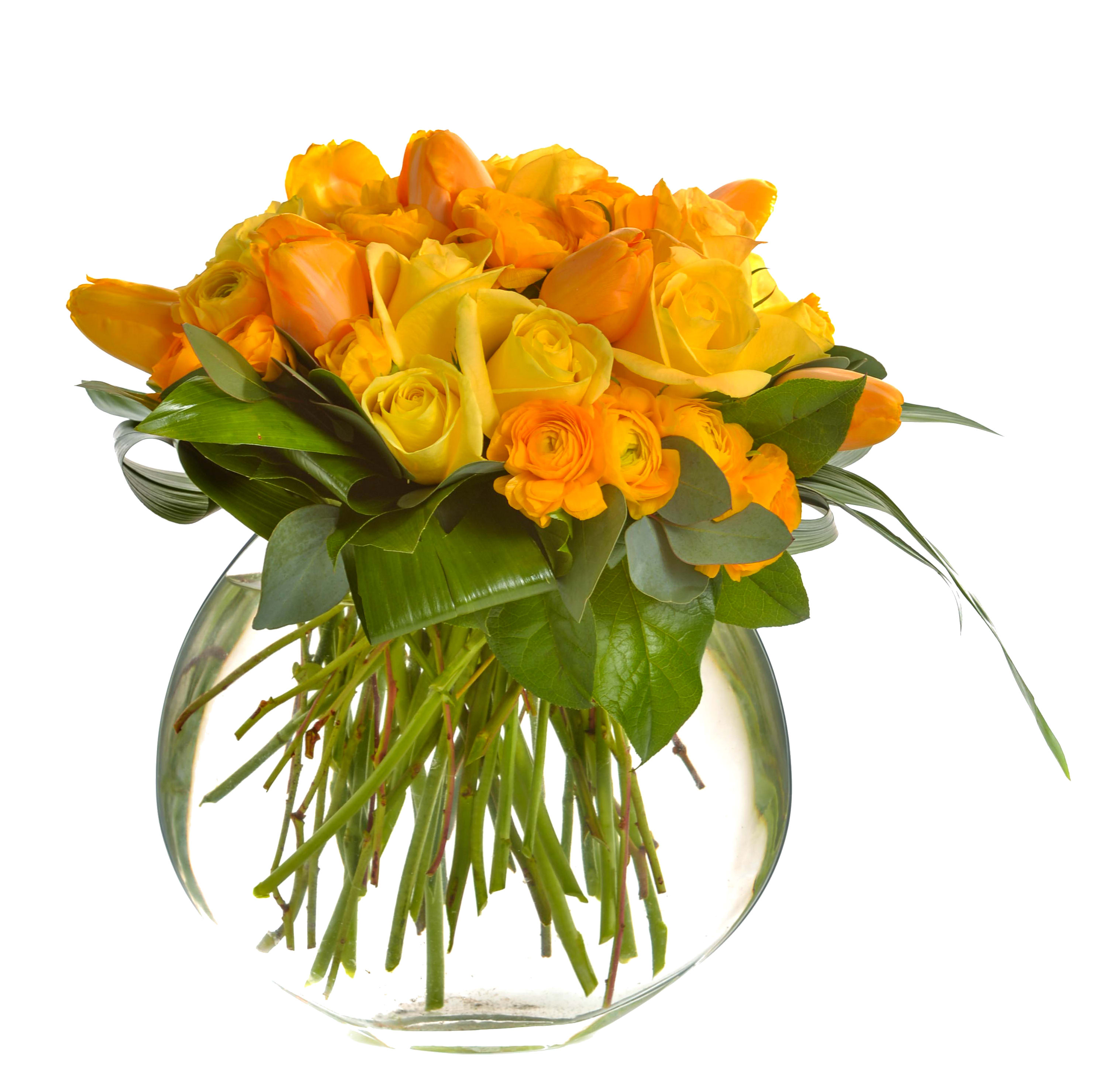 Yellow and orange rose bouquet in a clear glass vase