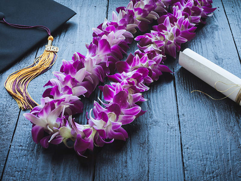 Purple orchid lei with a graduation cap and diploma scroll