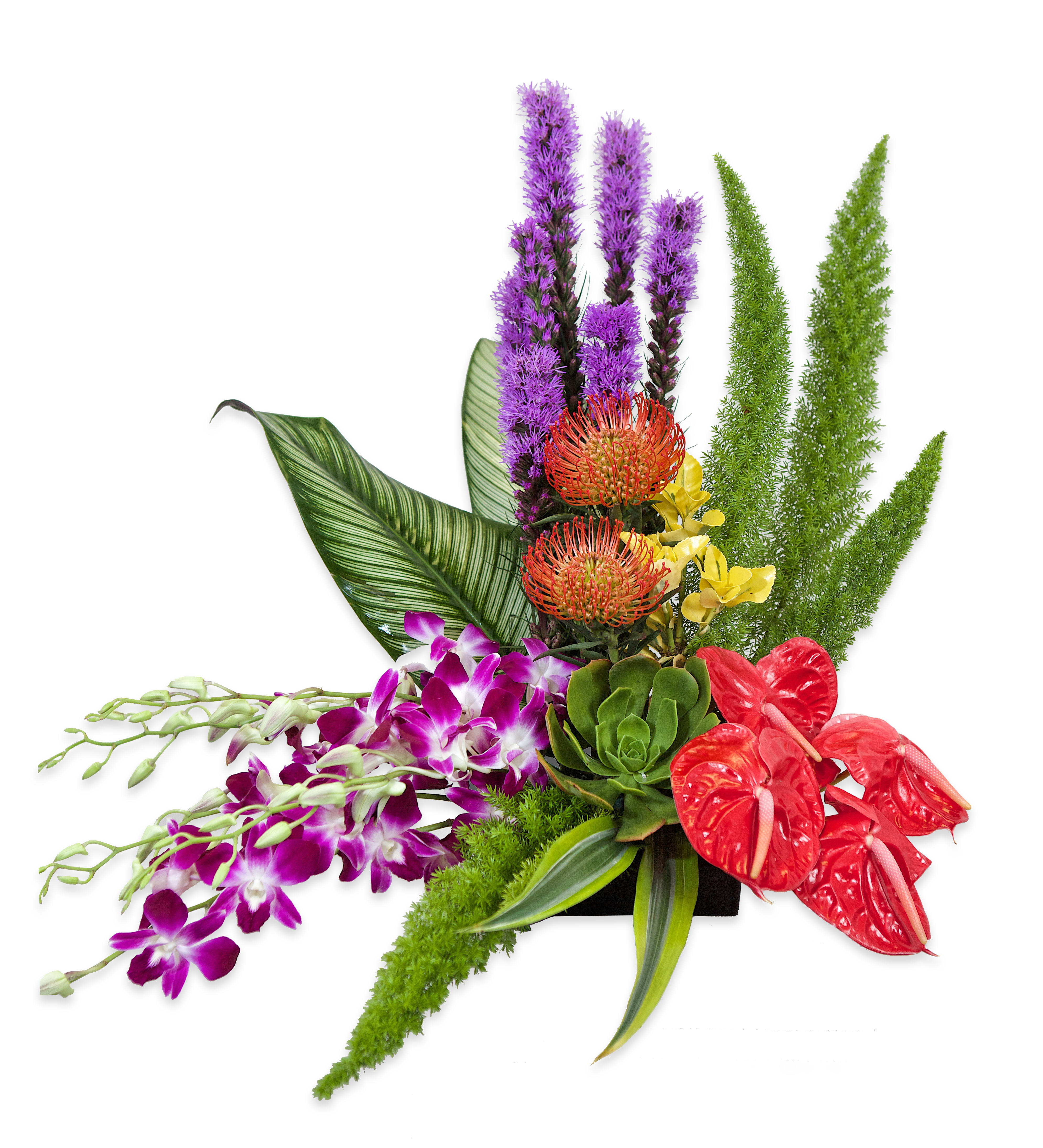 Aloha Styled Spray - A graceful modern funeral spray of warm colors, it includes flowers such as orchids, pincushions, and tropical greenery and succulents.