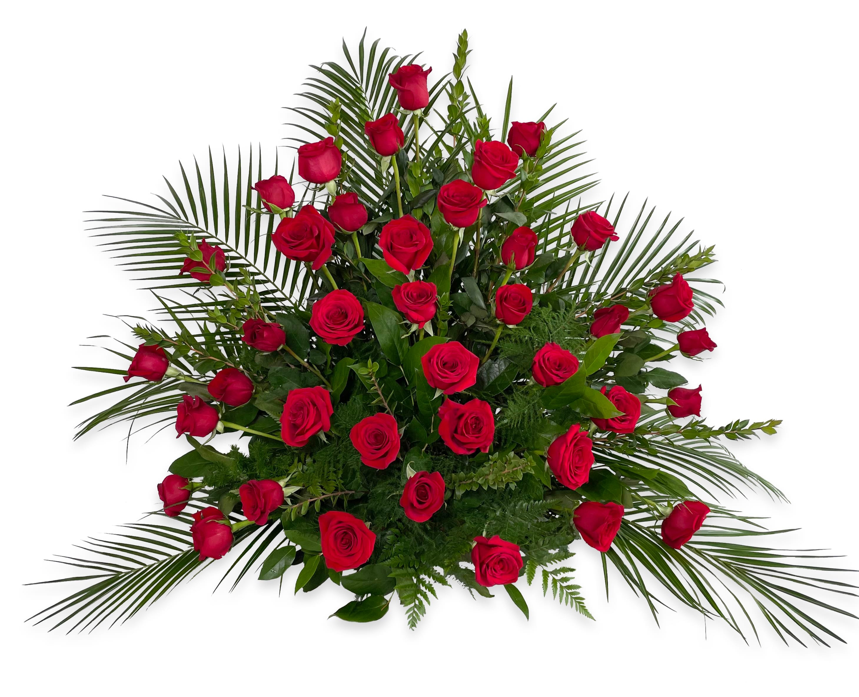 Beloved Rose Side Spray - Red roses are elegant funeral flowers fit to honor someone truly special.