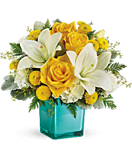 Golden Laughter - As joyful as the laughter of a good friend, this mood-lifting mix of yellow roses and white lilies is artistically arranged in our exclusive Color Splash cube for a look that's modern and playful. What a stylish way to make someone's day!