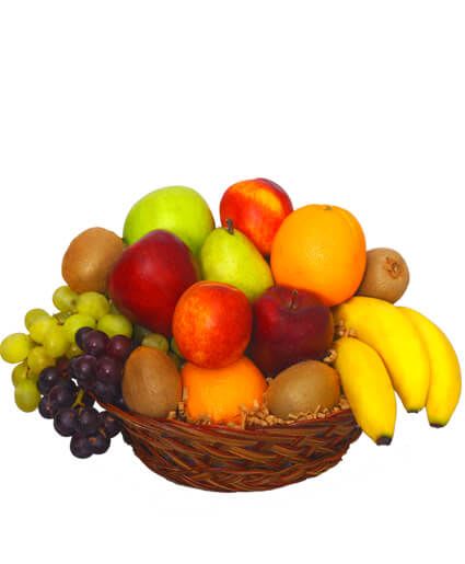 Basket of assorted fruit including bananas, grapes, apples, and kiwis