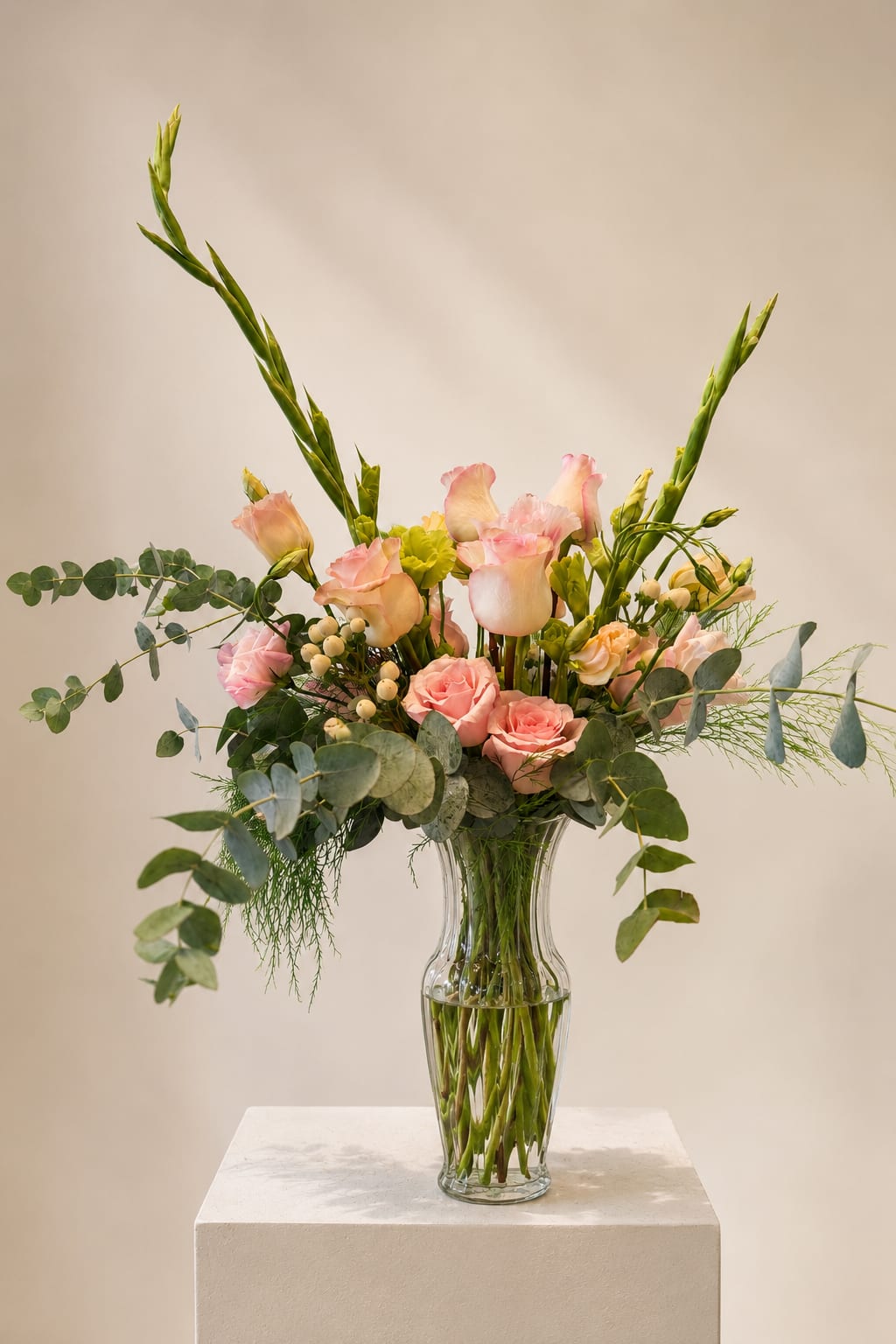 Bashful Blush - The Bashful Blush is a graceful floral arrangement designed with soft pink roses, delicate cream-toned blooms, fresh green accents, eucalyptus, and wispy textural foliage. Tall vertical stems add height and movement, while the cascading greenery gives the design a natural, garden-gathered feel. Presented in a clear glass vase, this arrangement feels romantic, airy, and effortlessly elegant — perfect for birthdays, celebrations, thank-you gifts, or adding a refined floral touch to any space.